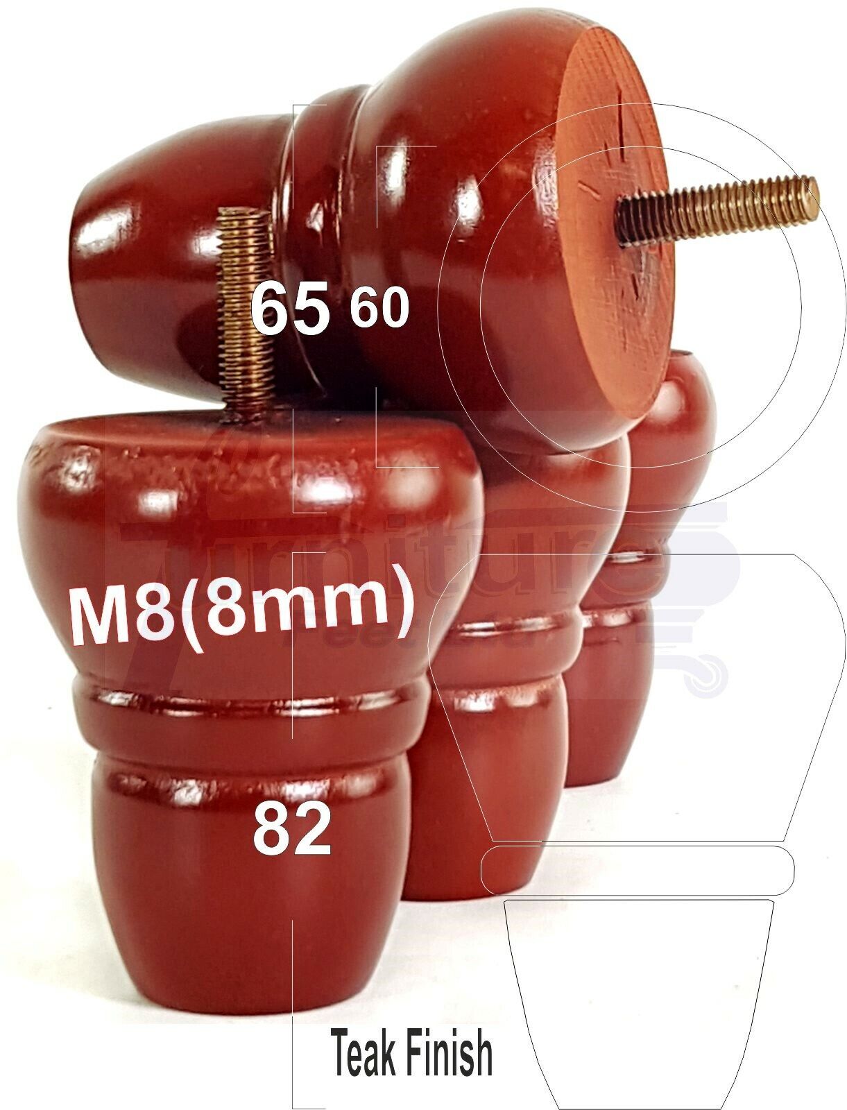 4x Turned Wood Repacement Furniture Legs M8 Sofa Chair Settee Feet 82mm