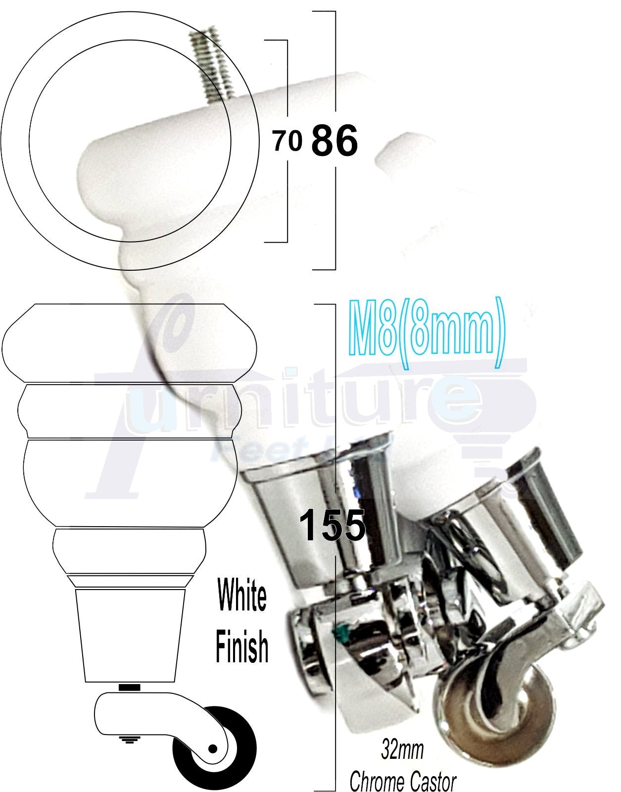 4 Turned Wood Furniture Feet With Chrome Castors 155mm Legs Sofas Chairs Stools Cabinets Beds M8 6 Inches