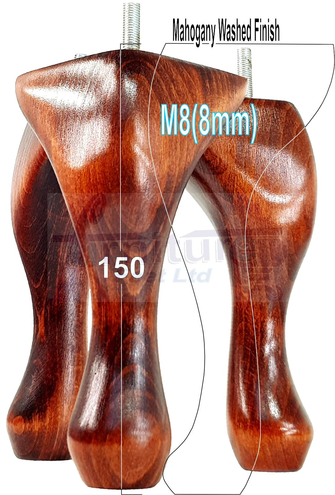 4 Solid Wood Furniture Feet 150mm High Queen Anne Replacement Legs M8 (8mm) 6 Inches Chair Stools Bed Sofa Georgian Style