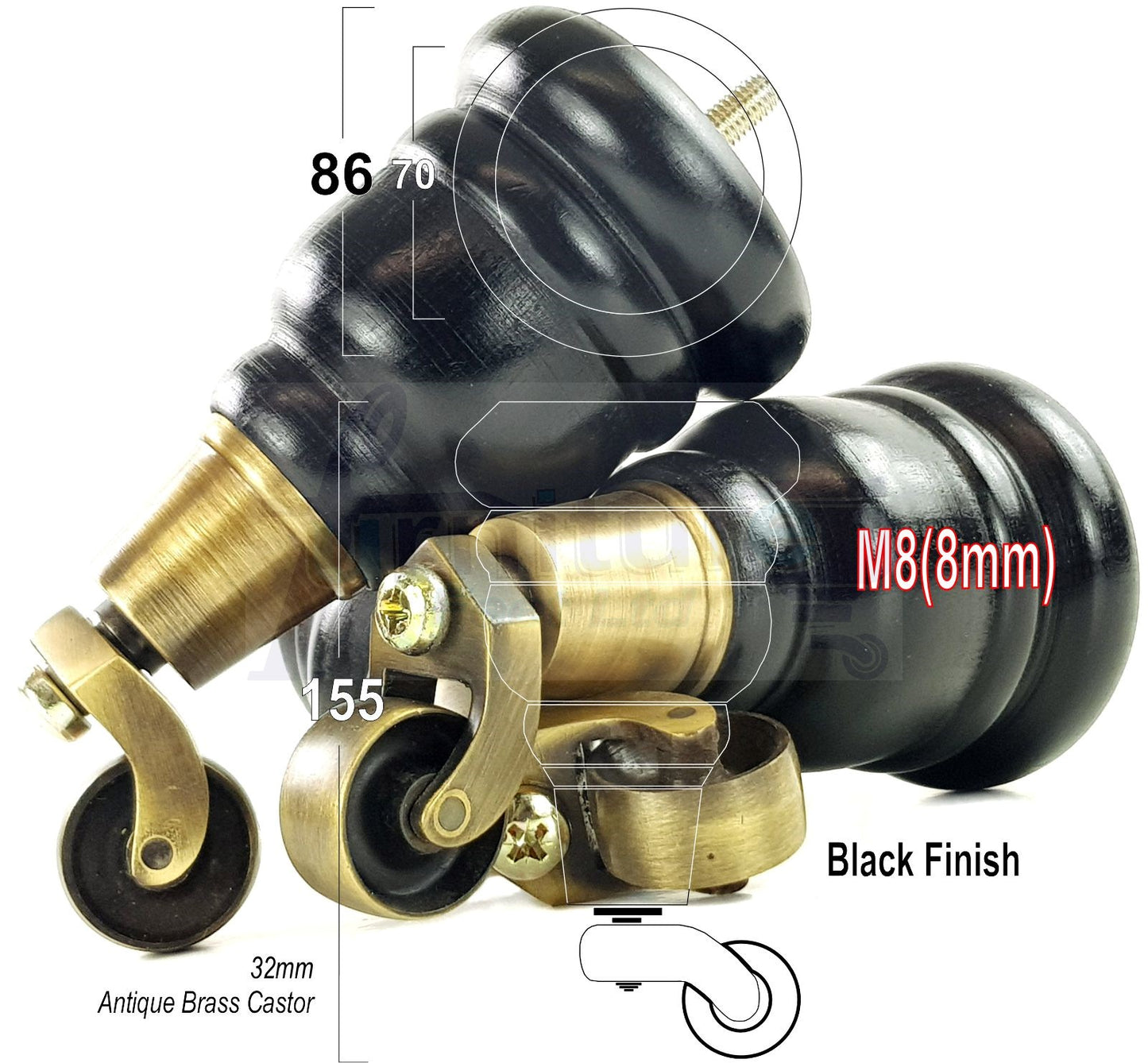 4 Turned Wood Furniture Feet With Antique Brass Castors 155mm Legs Sofas Chairs Stools Cabinets Beds M8 6 Inches