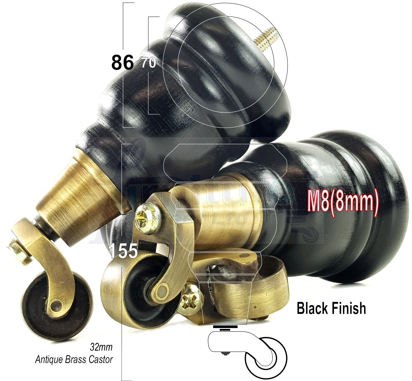 4 Turned Wood Furniture Feet With Antique Brass Castors 155mm Legs Sofas Chairs Stools Cabinets Beds M8 6 Inches