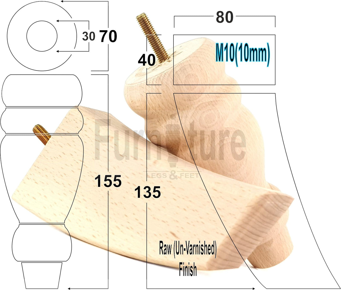 2x Turned Wood Furniture Feet 155mm and 2 Curved Back Legs Sofas Chairs Stools Cabinets Beds M10 Thread 6 Inches