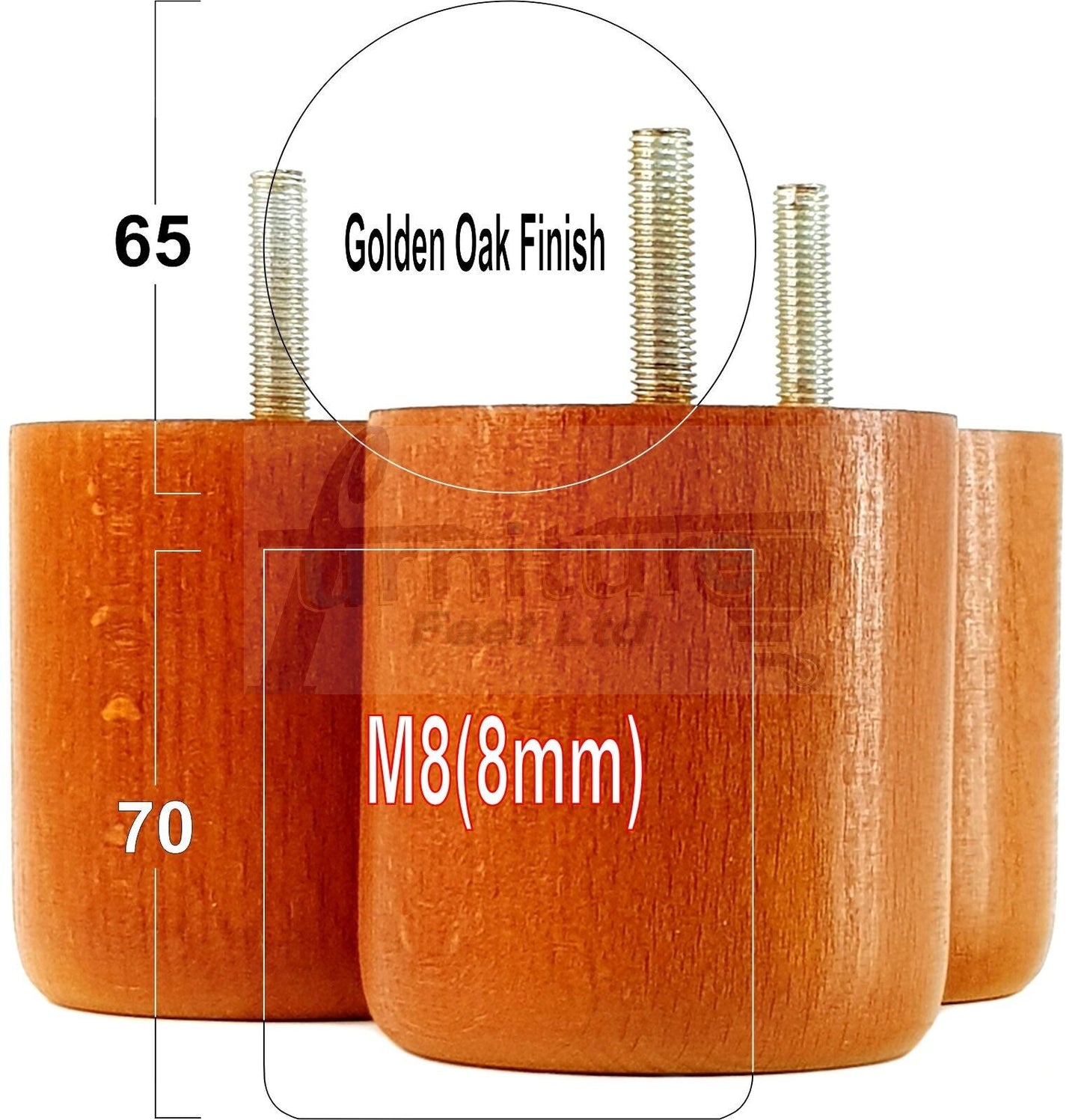 4x Solid Wood Turned Furniture Legs Replacement Bun Feet 70mm High 8mm Thread