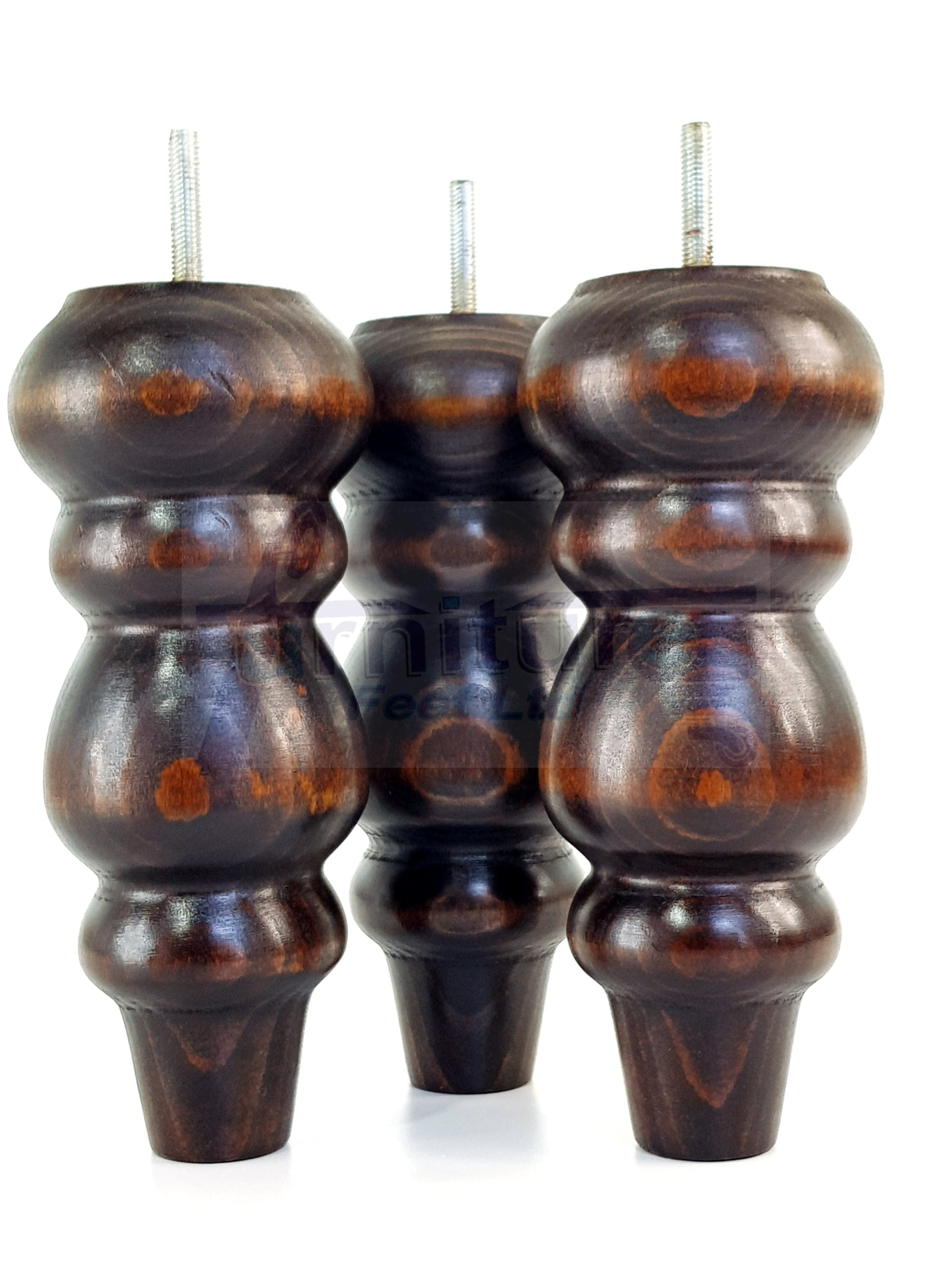 4 Solid Wood Furniture Legs Replacement Turned Feet 200mm High M8(8mm) Thread: Dark Walnut Washed
