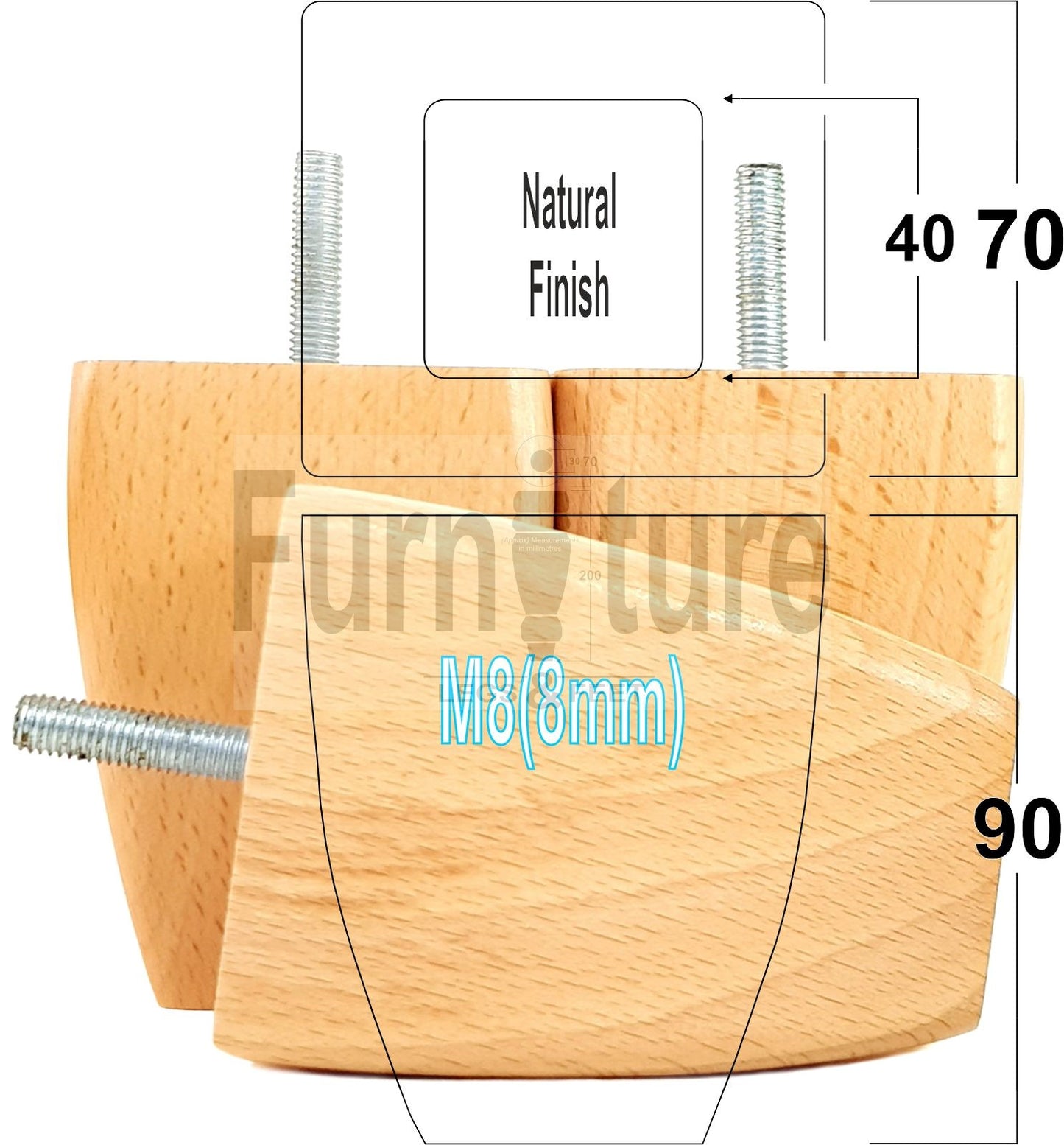 Set Of 4 Solid Wooden Block Furniture Feet Replacement Legs 90mm High M8(8mm)