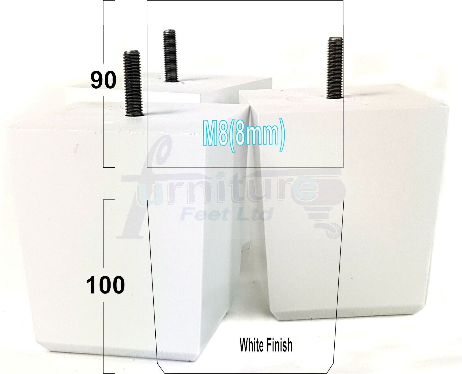 4x Solid Wood Square Furniture Legs Block Replacement Feet 100mm M8(8mm)