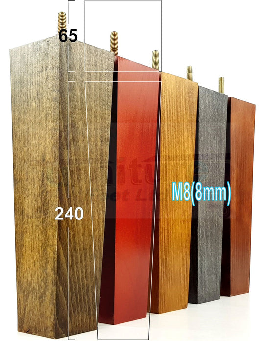 4 Solid Wood Furniture Feet Square Replacement Block Tapered Legs 240mm High M8 Sofa Chairs Stools Cabinets Beds