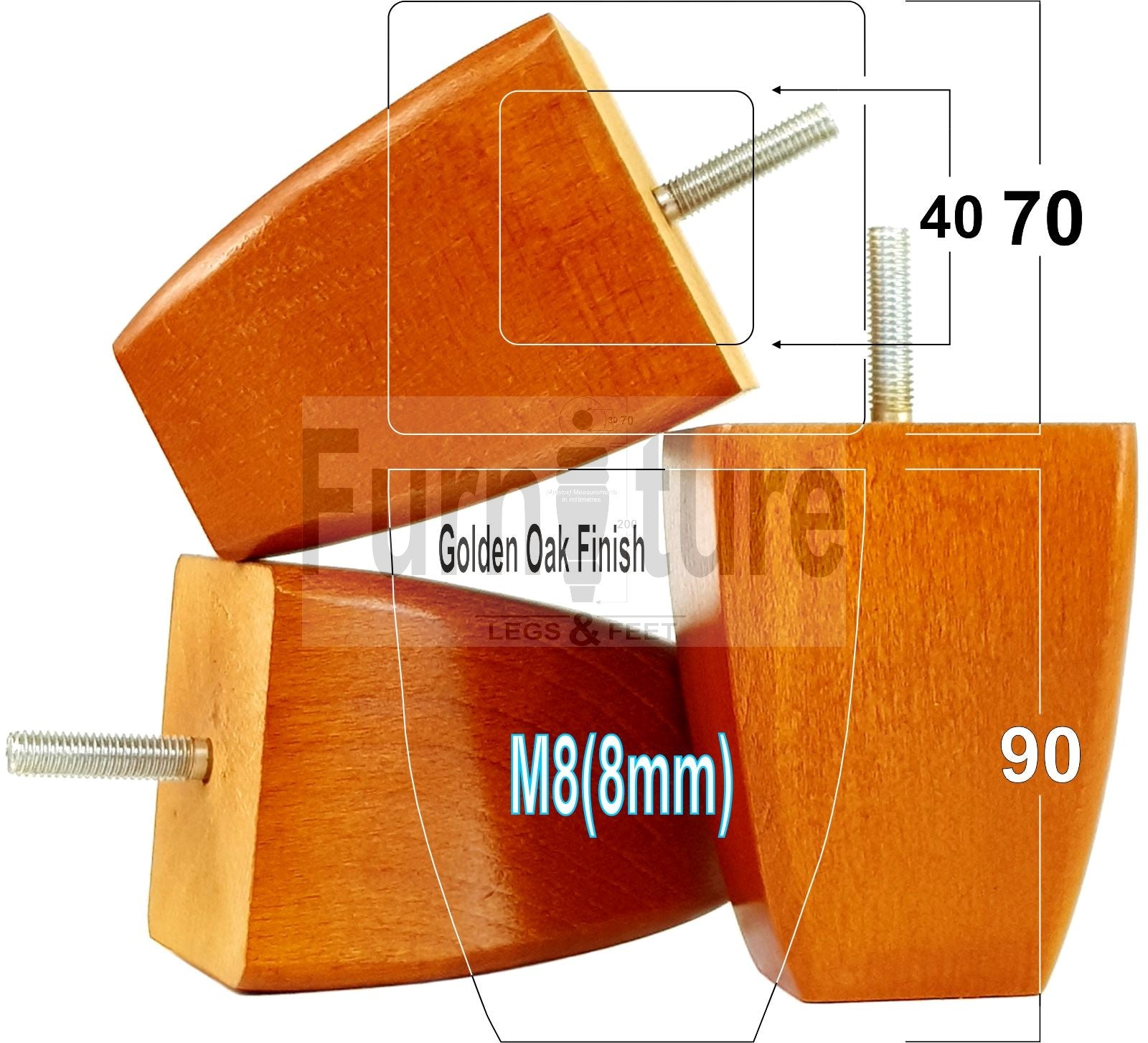 Set Of 4 Solid Wooden Block Furniture Feet Replacement Legs 90mm High M8(8mm)
