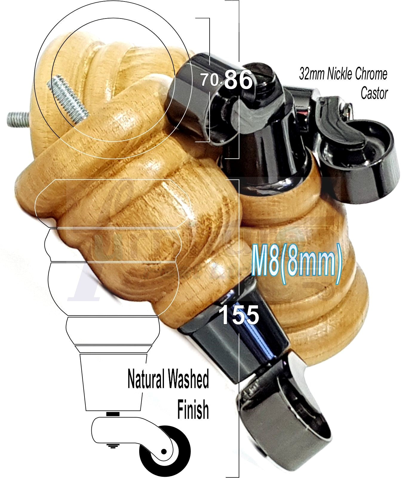 4 Turned Wood Furniture Feet With Black Chrome Castors 155mm Legs Sofas Chairs Stools Cabinets Beds M8 6 Inches