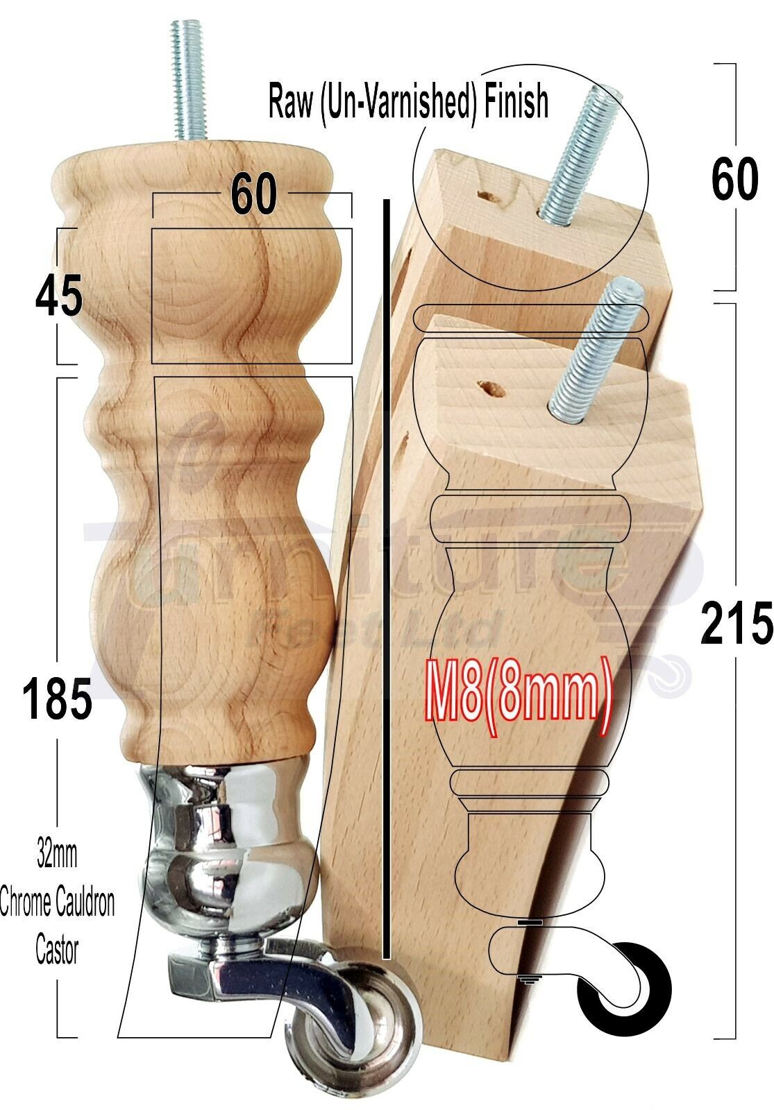 2x Wood Furniture Castor Settee Feet & 2x Curved Legs 8mm Thread 205mm High Raw (Un-Varnished) For Sofas Chairs Stools Cabinets & Beds