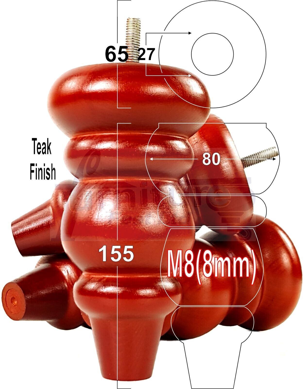 4 Solid Turned Wood Furniture Sofa Leg M8 Chair Settee Footstool Feet 155mm High