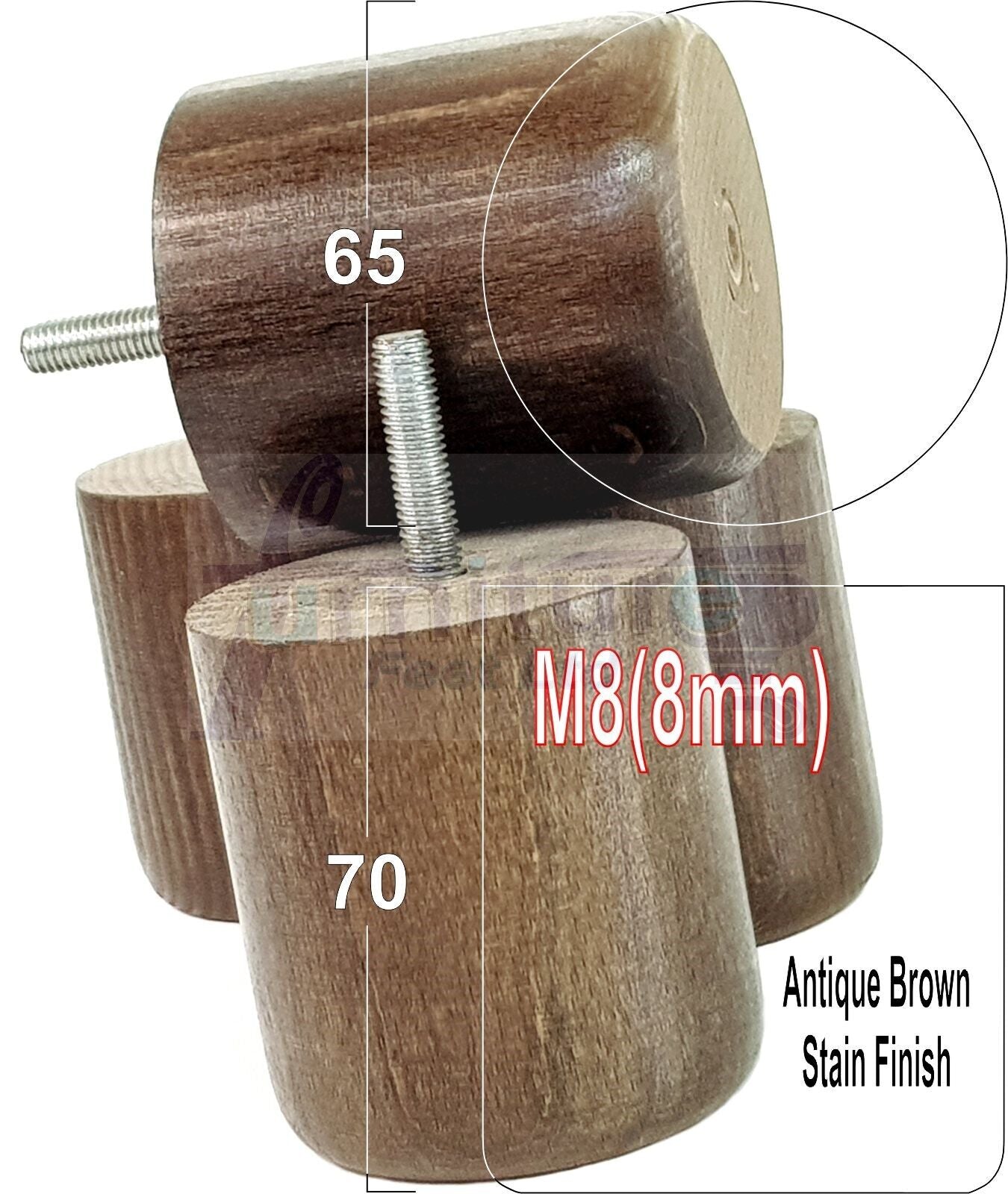 4x Solid Wood Turned Furniture Legs Replacement Bun Feet 70mm High 8mm Thread