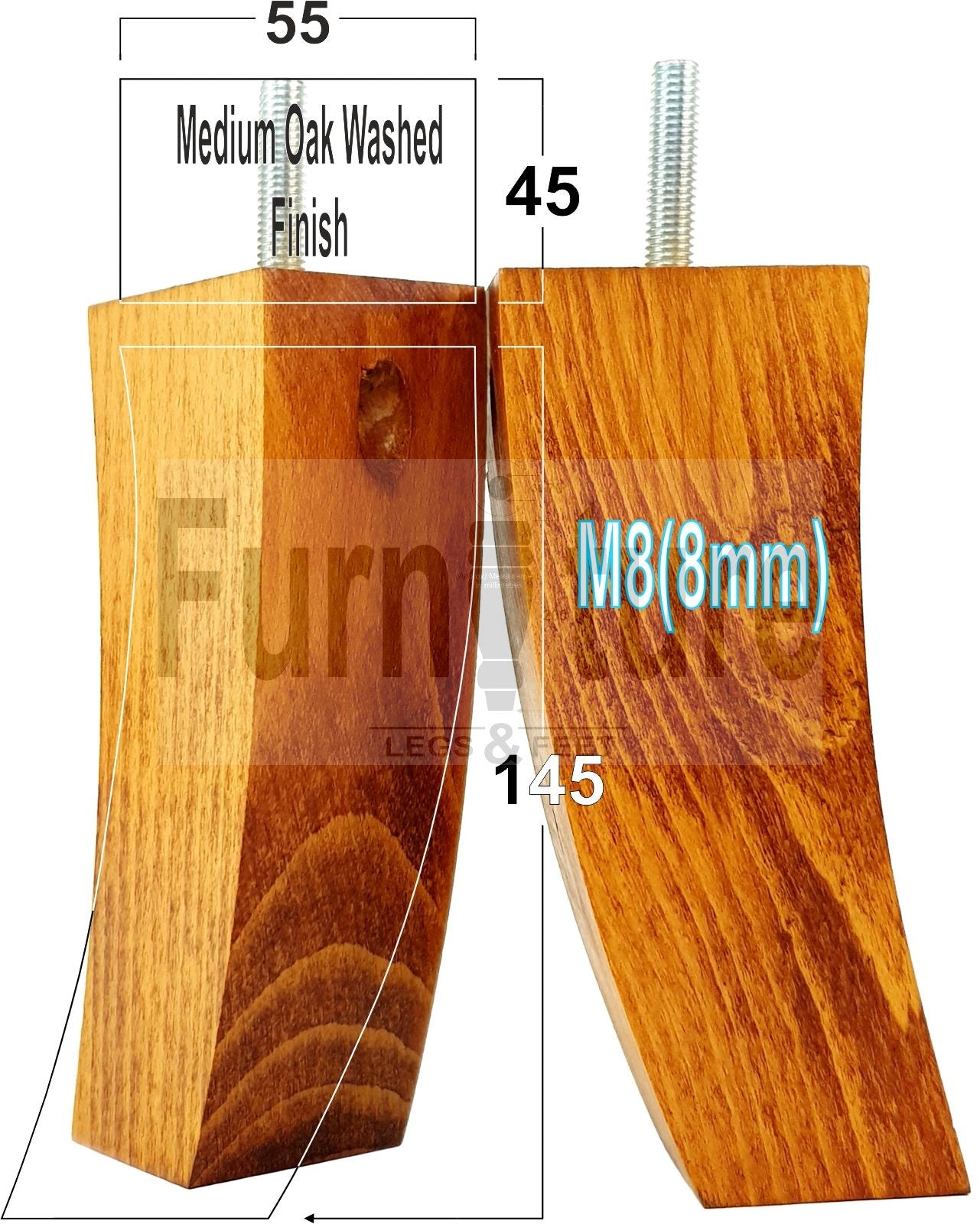 Set Of 4 Solid Wood Curved Furniture Feet Replacement Legs 145mm High M8(8mm)