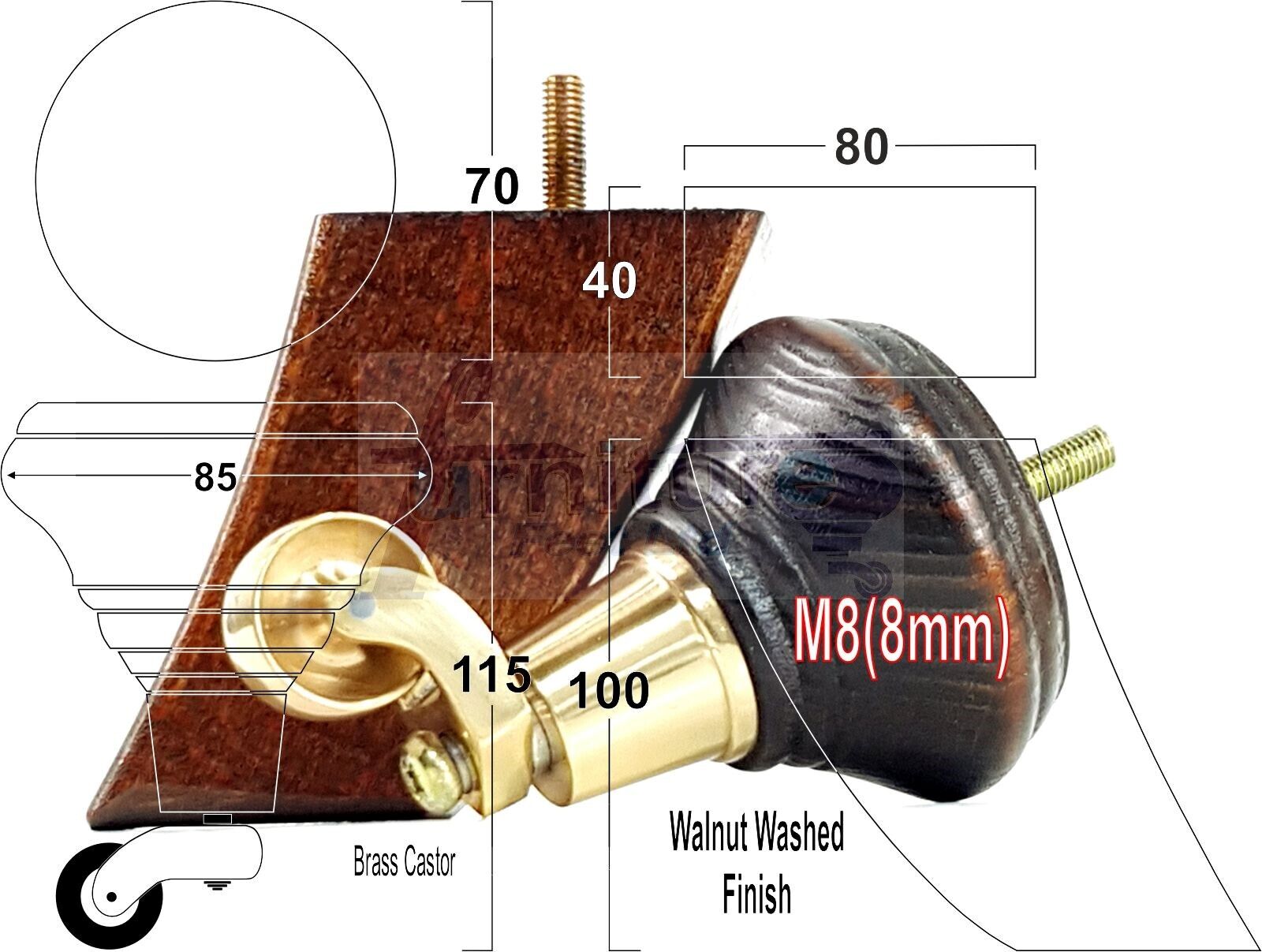 2 Dark Walnut Washed Wood Furniture Sofa Feet With Castor 125mm & 2 Curved Legs Chair Settee 100mm High M8