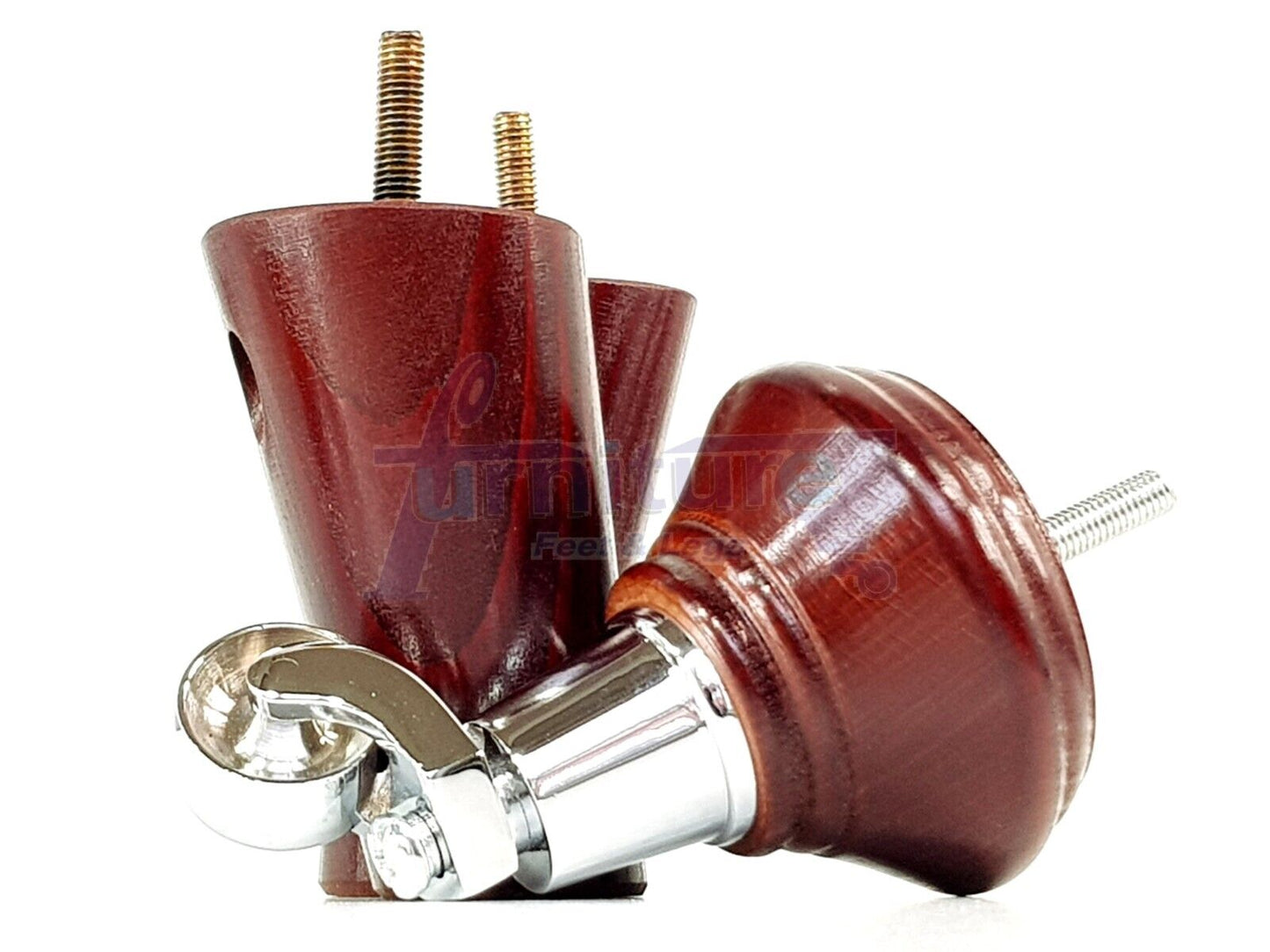 2 Mahogany Wood Furniture Sofa Legs With Castor 125mm & 2 Angled Back Feet Chair Settee 100mm High M8