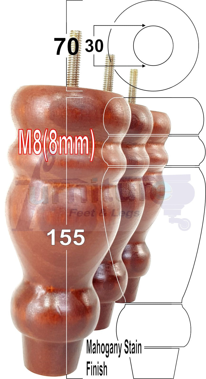 Set Of 4 Turned Wood Furniture Replacement Feet 155mm High 8mm Tread