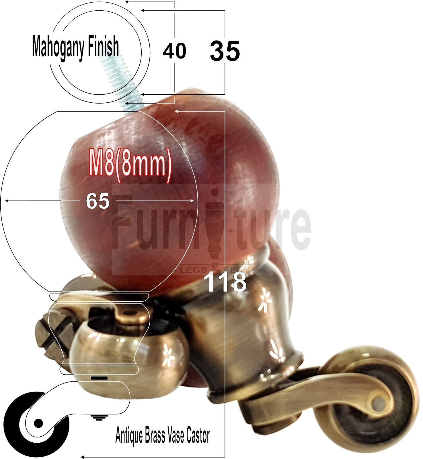 4x Turned Wood with Antique Castors Furniture Chair Settee Legs M8 Sofa Feet 118mm