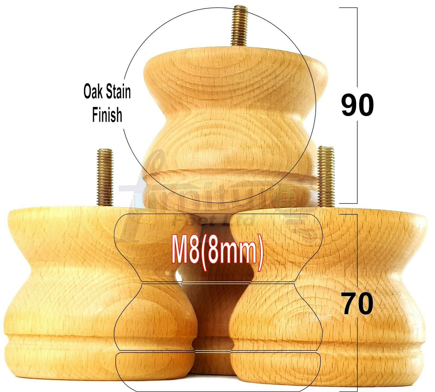 4x Turned Solid Wood Furniture Legs Replacement Bun Feet 70mm High 8mm Thread