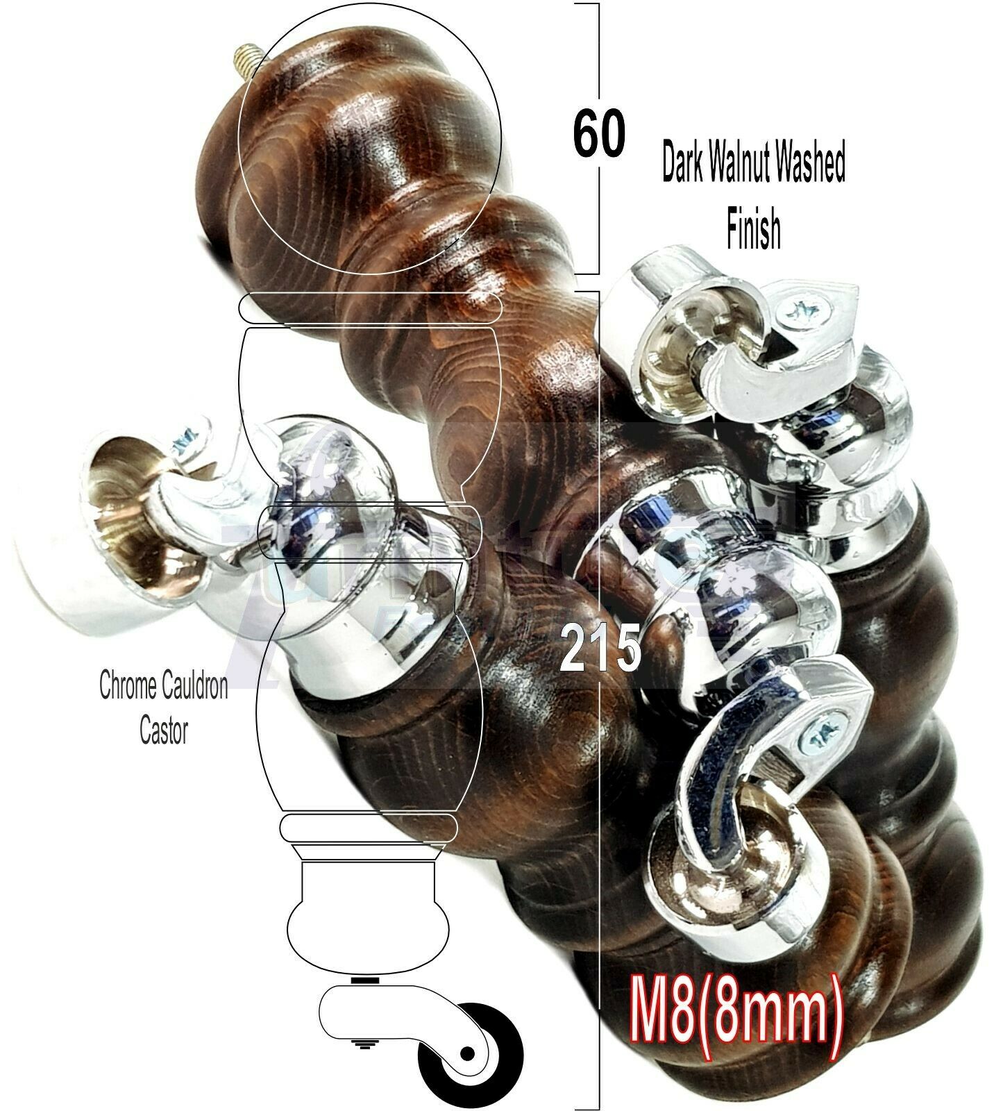 4x Furniture Feet With Castor 205mm High Legs Walnut Wood Finish M8 Sofas Chairs Stools Cabinets 8 Inches Tall