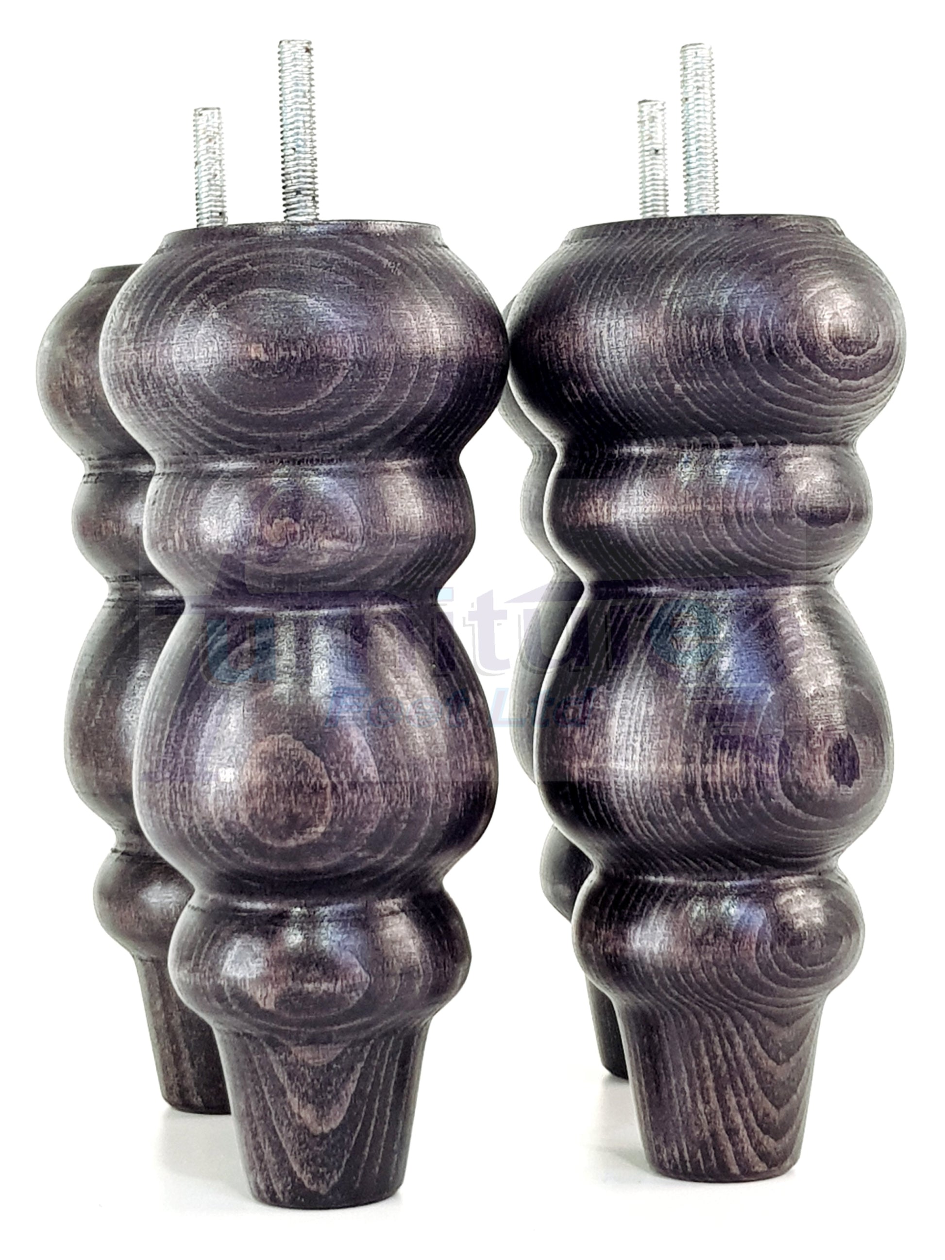 4 Solid Wood Furniture Legs Replacement Turned Feet 200mm High M8(8mm) Thread: Black Washed