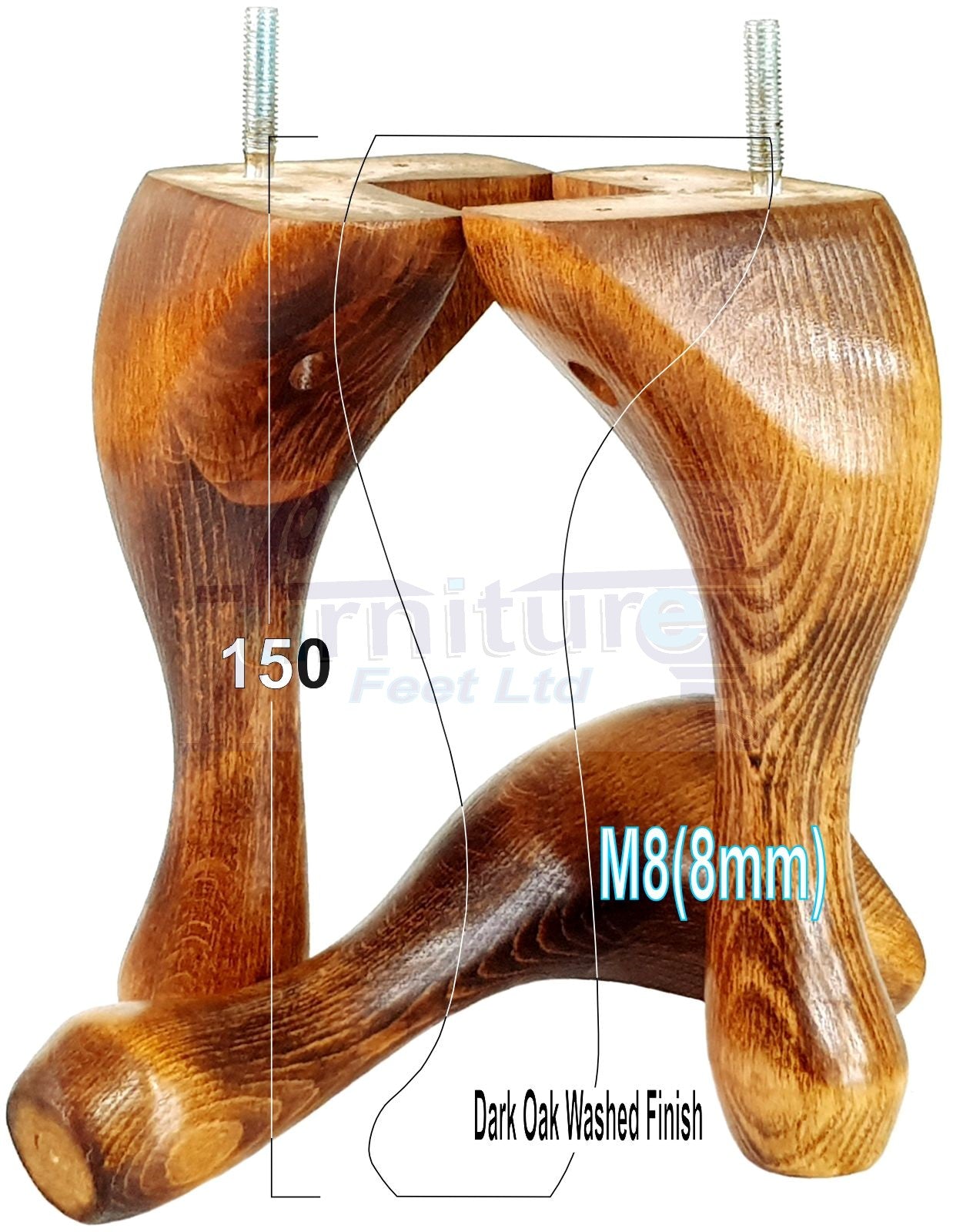 4 Solid Wood Furniture Feet 150mm High Queen Anne Replacement Legs M8 (8mm) 6 Inches Chair Stools Bed Sofa Georgian Style