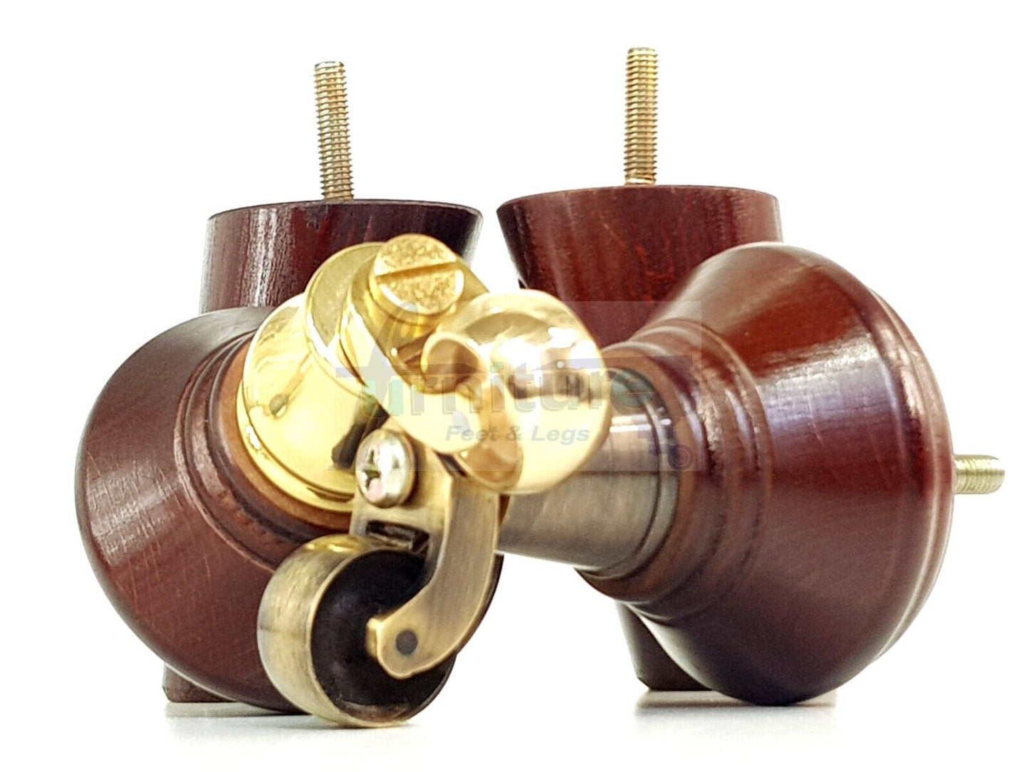 2 Antique Mahogany Wood Furniture Sofa Legs With Castor 125mm & 2 Angled Back Feet Chair Settee 100mm High M8