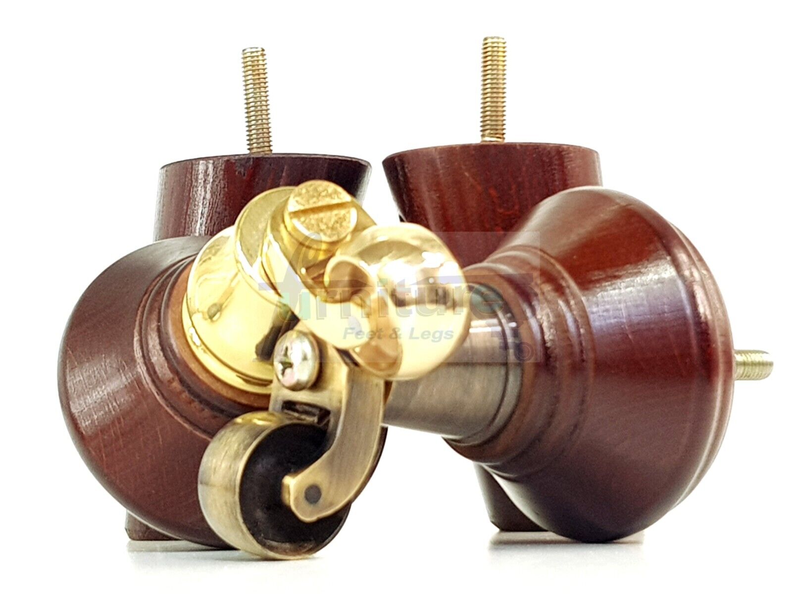 2 Antique Mahogany Wood Furniture Sofa Legs With Castor 125mm & 2 Angled Back Feet Chair Settee 100mm High M8