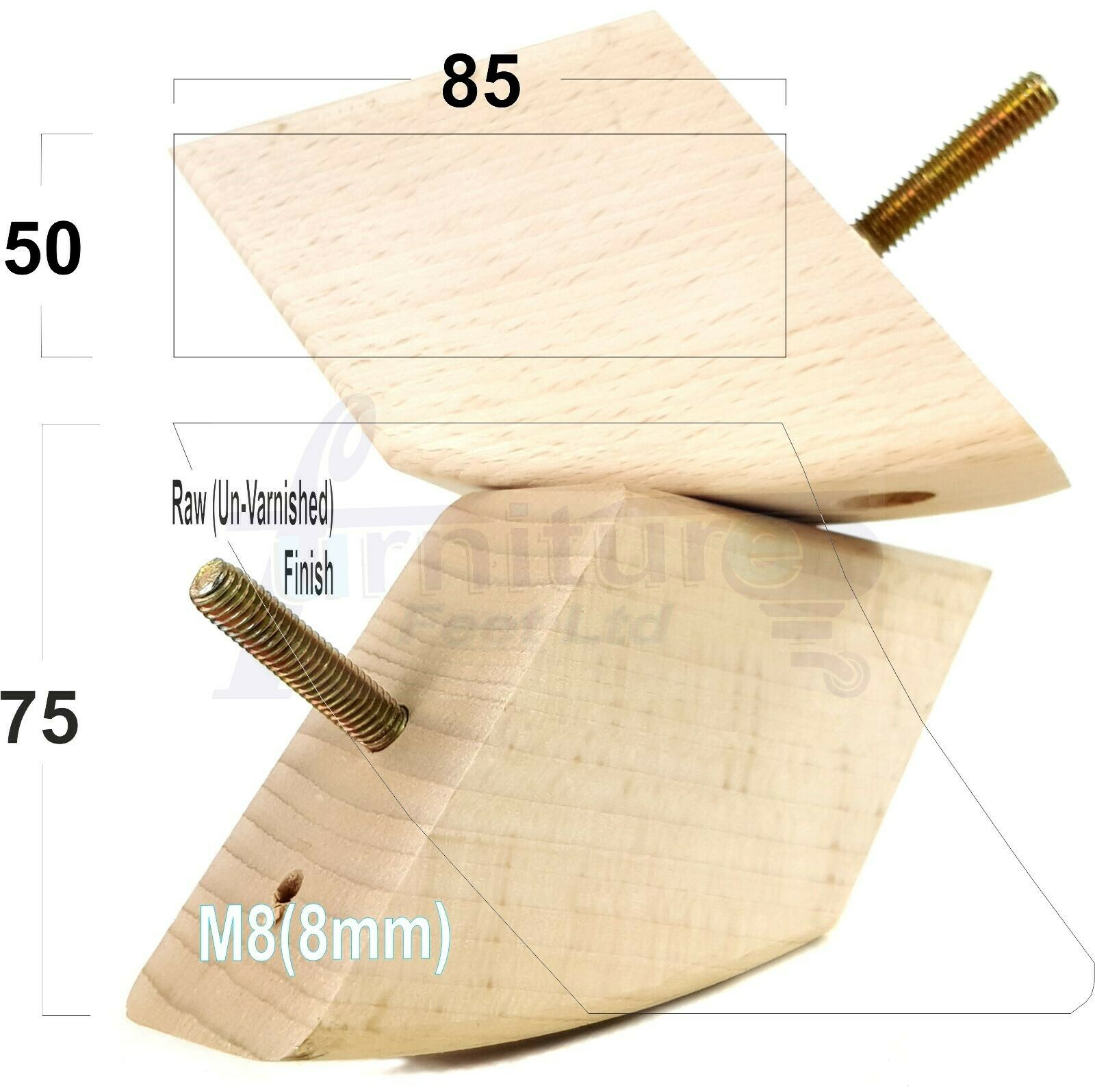 SET OF 4 WOODEN FURNITURE FEET 75mm HIGH REPLACEMENT SOFA LEGS 8mm Thread