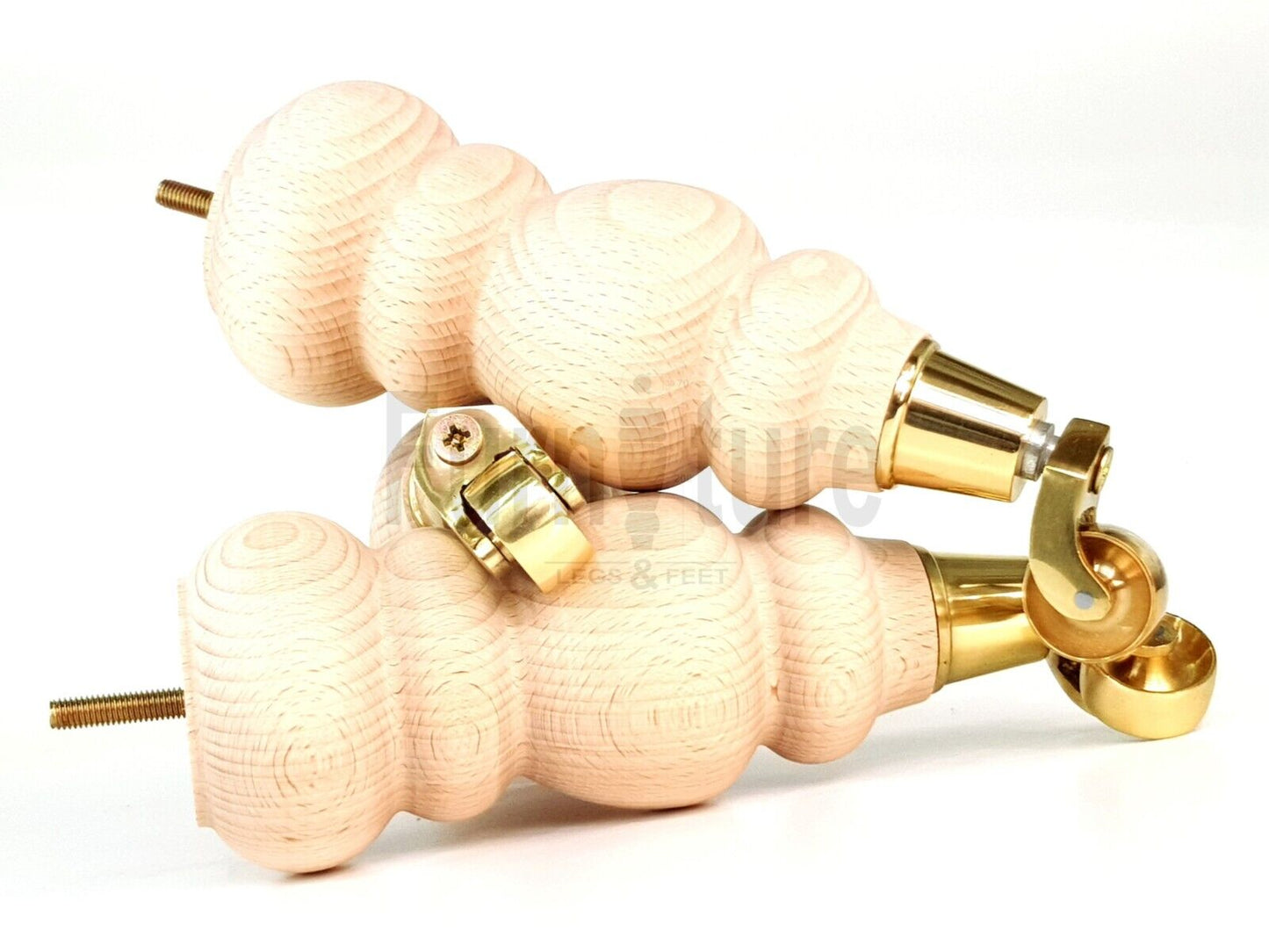 4x Turned Wood Furniture Brass Castor Leg M8 Replacement Feet Chairs Stools Sofa 250mm