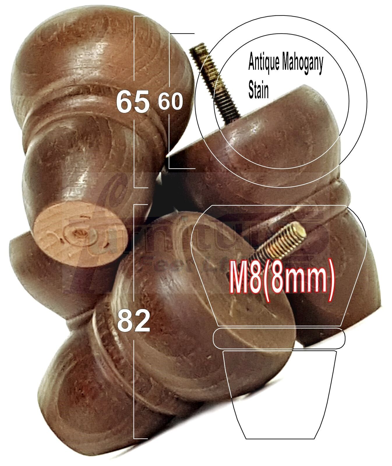 4x Turned Wood Repacement Furniture Legs M8 Sofa Chair Settee Feet 82mm