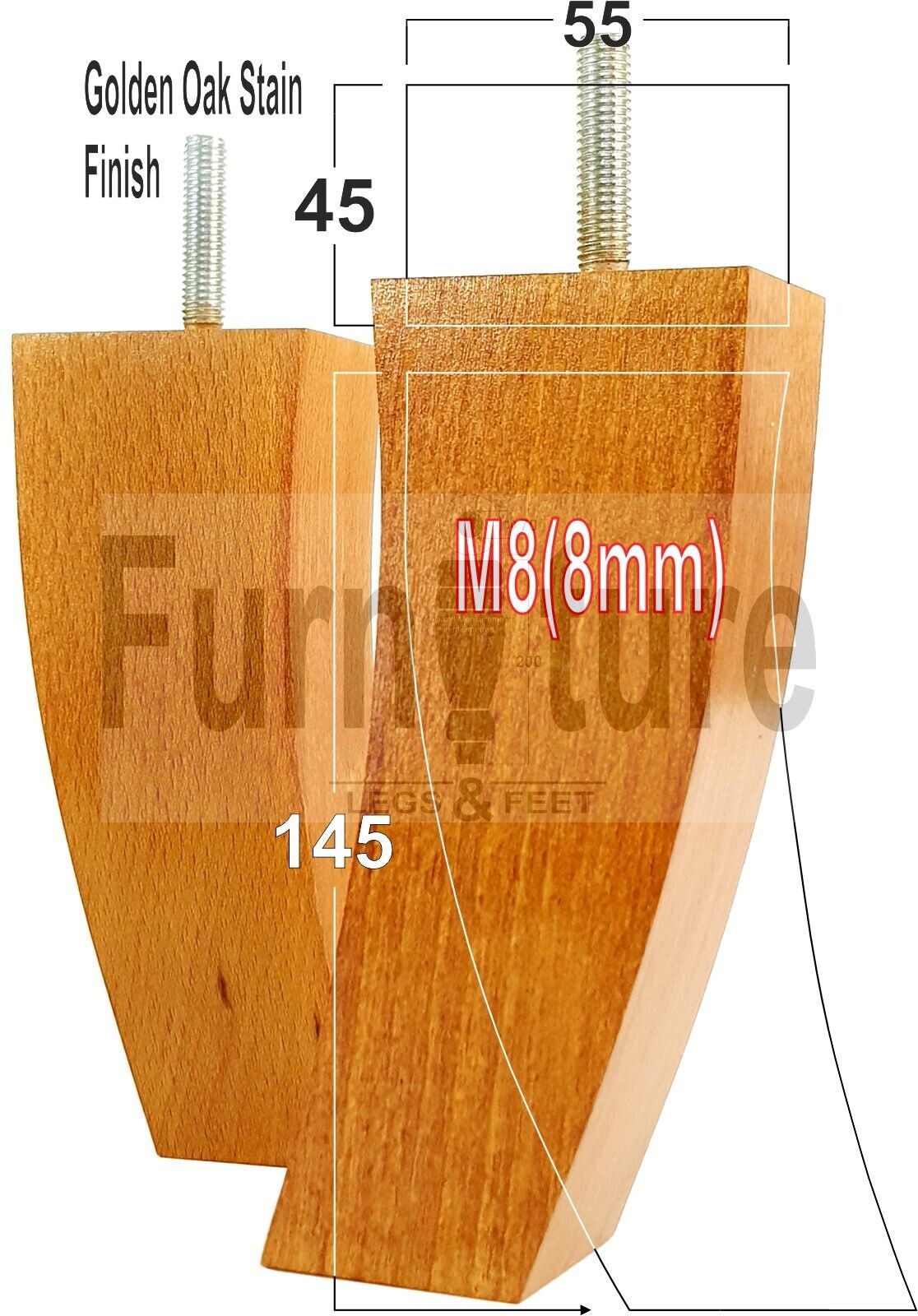 Set Of 4 Solid Wood Curved Furniture Feet Replacement Legs 145mm High M8(8mm)