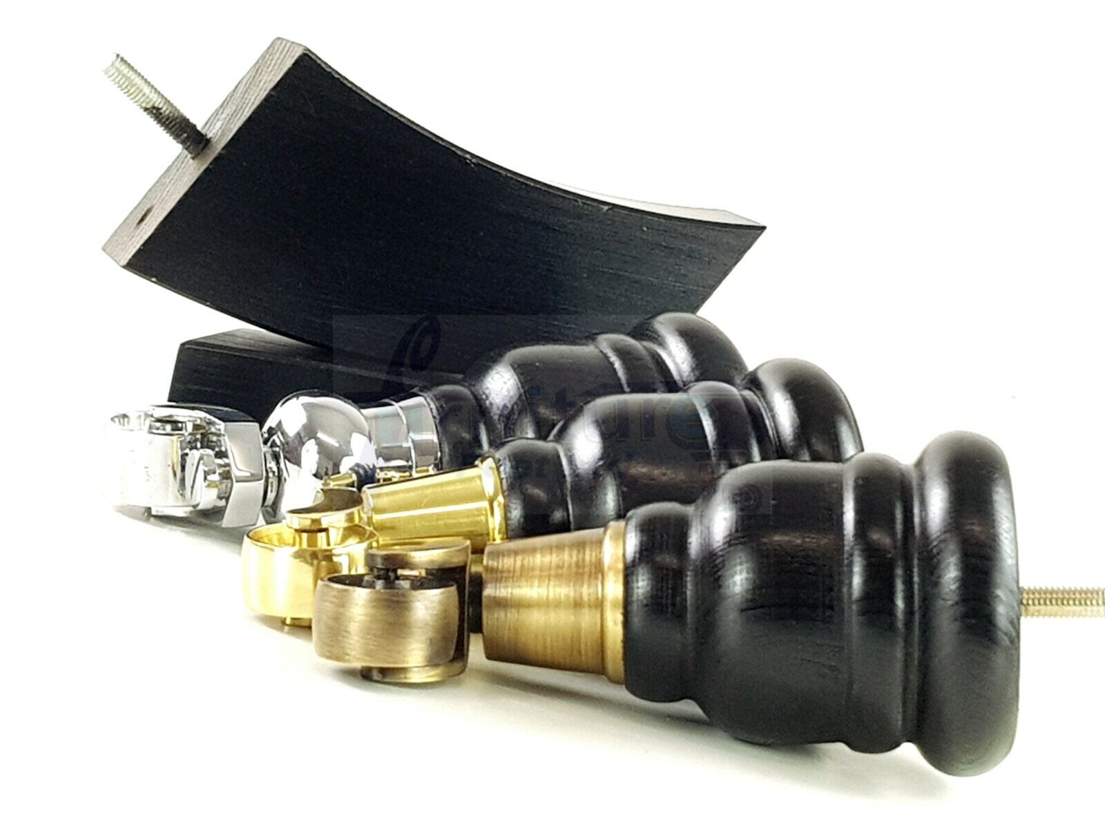 Black Turned Wood Furniture Feet 2 With Castors 155mm and 2 Curved Back Legs Sofas Chairs Stools Cabinets Beds M8 6 Inches