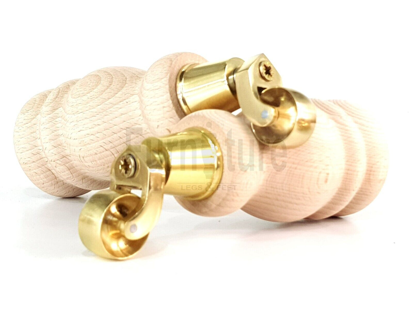 Set Of 4 Wooden Turned Replacement Furniture Legs 200mm High With Brass Castor Wheels 8mm Thread