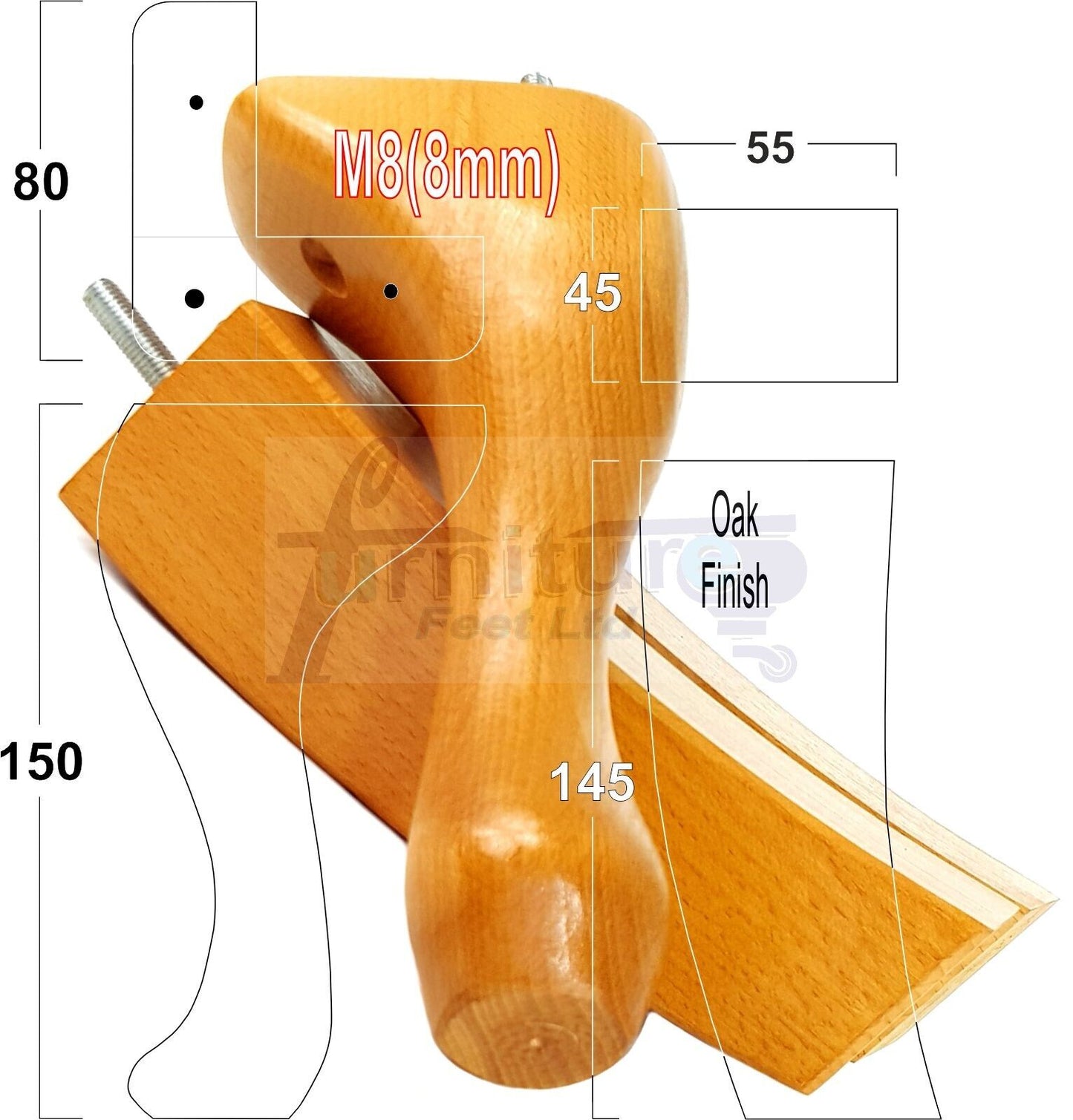 2x Vintage Queen Anne Replacement Furniture Legs & 2x Curved Back Feet 150mm 6 Inch High 8mm Thread