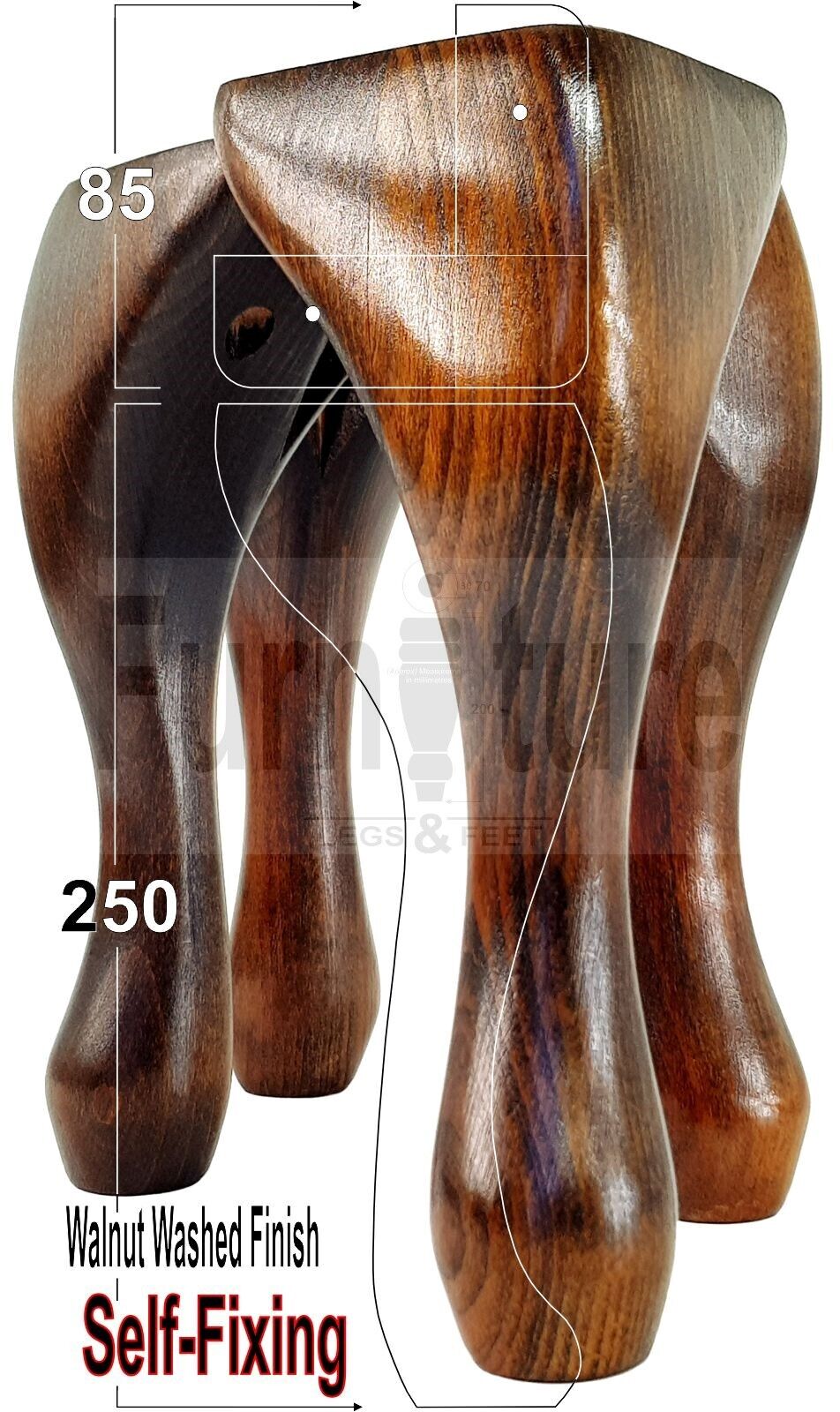 4 Wooden Traditional Queen Anne Furniture Legs 250mm Sofa Chair Beds (Self-Fix)