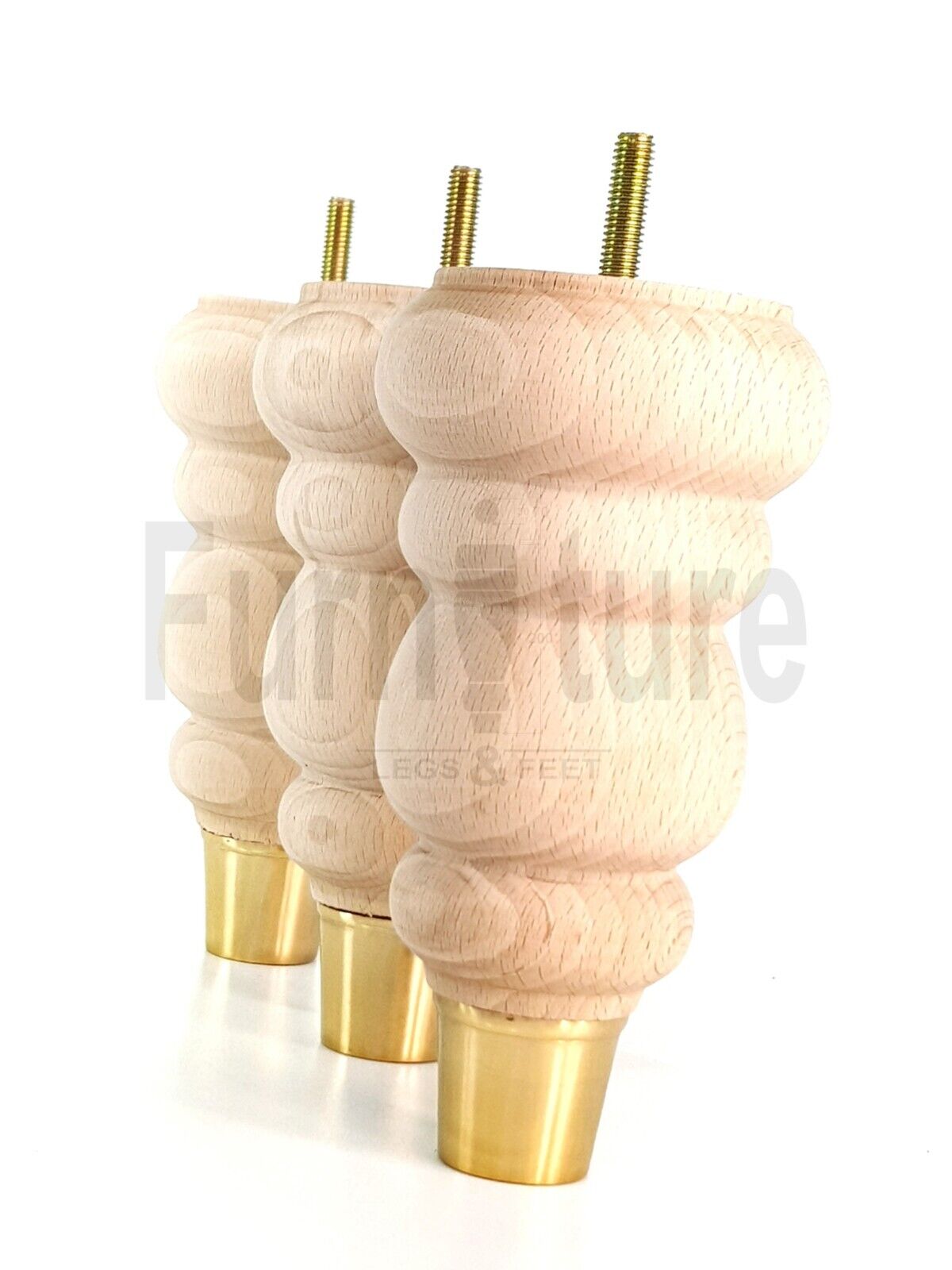 4x Turned M8 Wood Furniture Chair Sofa, Settee Legs Feet Brass Slipper Cup 160mm
