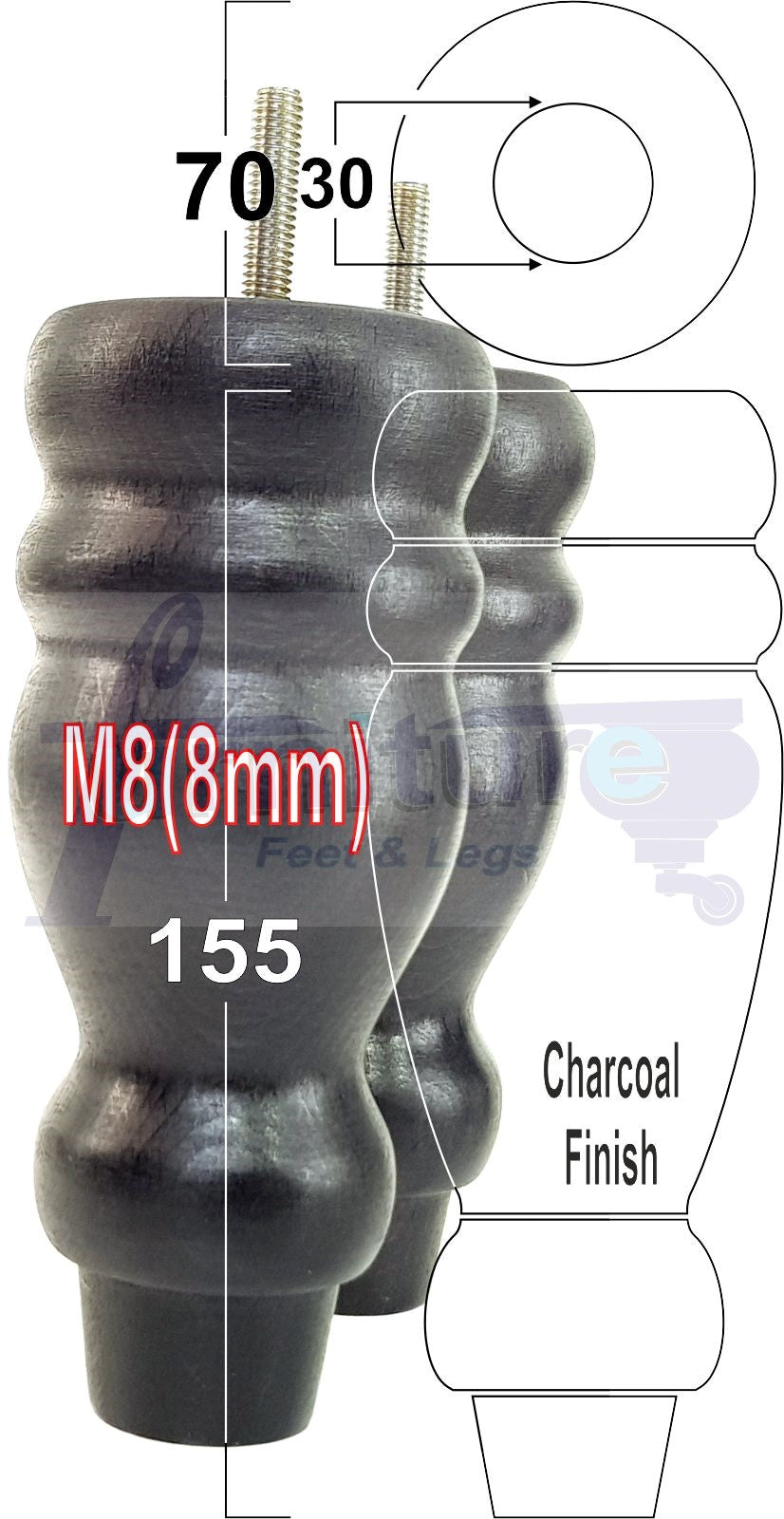 Set Of 4 Turned Wood Furniture Replacement Feet 155mm High 8mm Tread