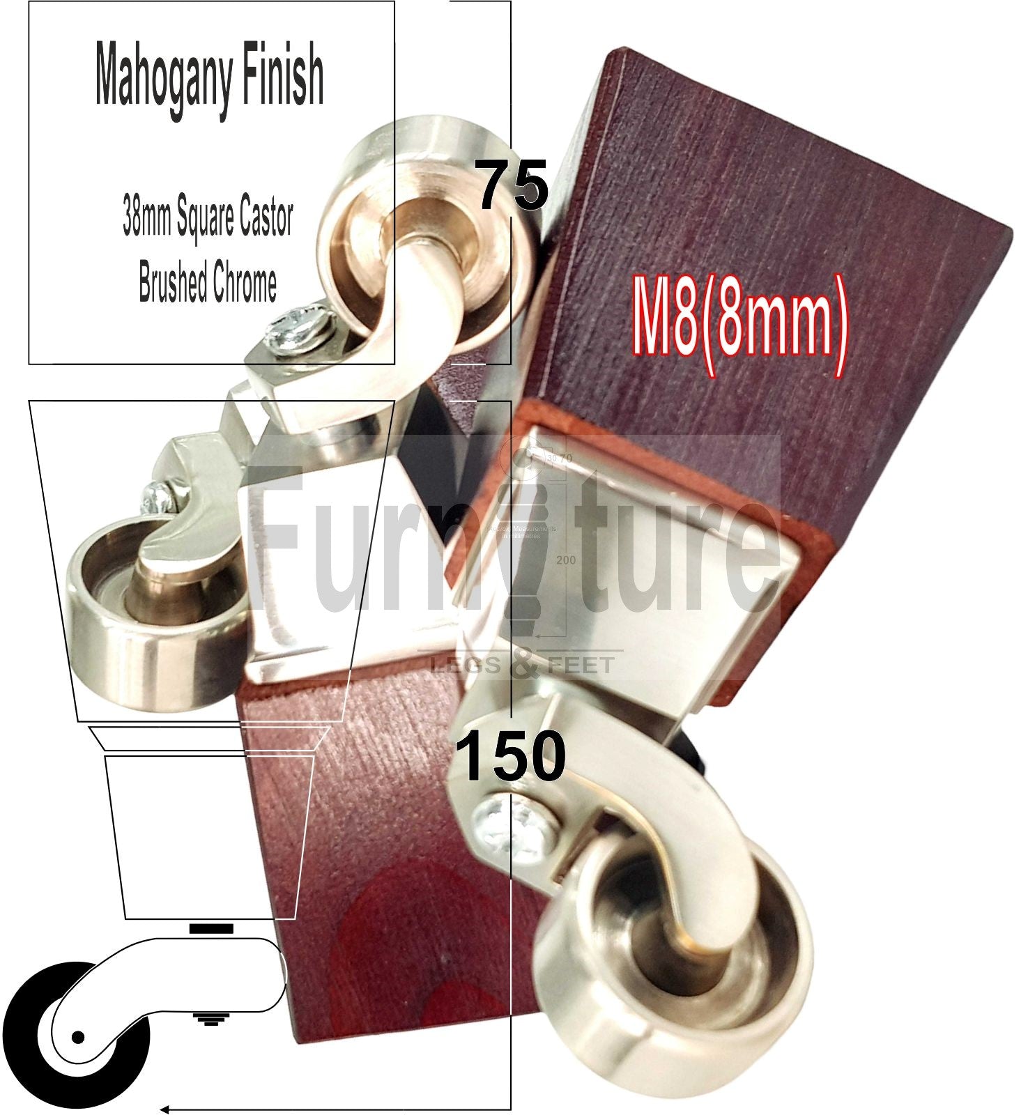 4x Block Wood With Castor Furniture Legs 8mm Thread For Chairs Settees Sofa 150mm