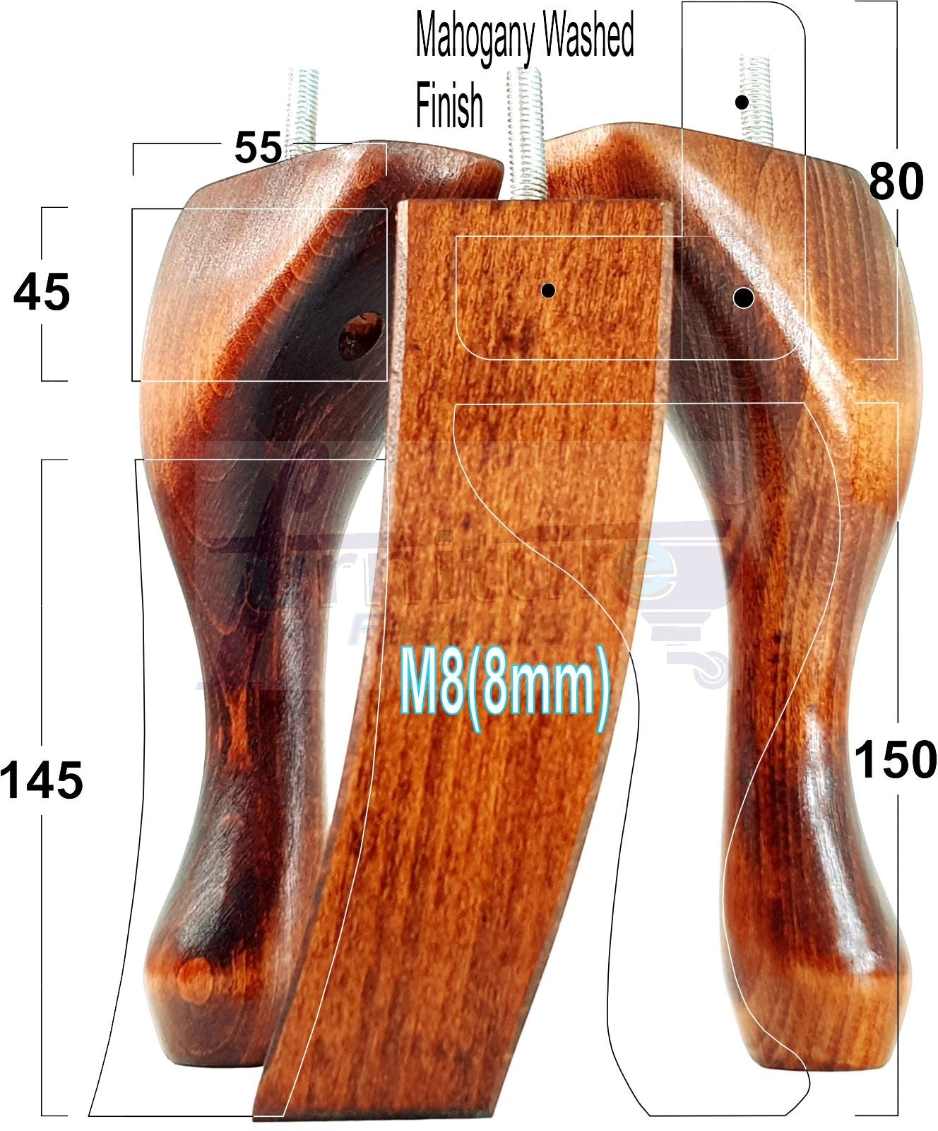 2x Vintage Queen Anne Replacement Furniture Legs & 2x Curved Back Feet 150mm 6 Inch High 8mm Thread