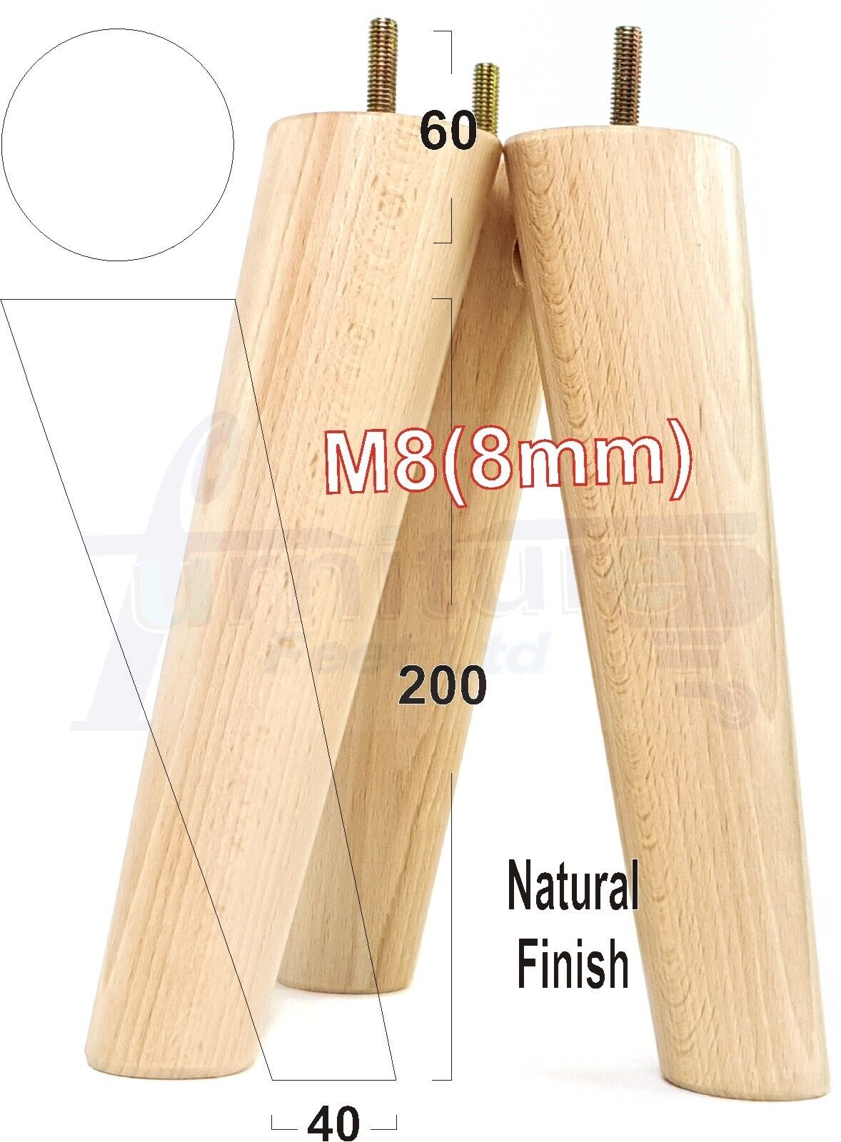4 Solid Wood Turned Furniture Feet Replacement Mid Centry Angled Retro Legs 200mm High M8 Sofa Chairs Stools Cabinets Beds