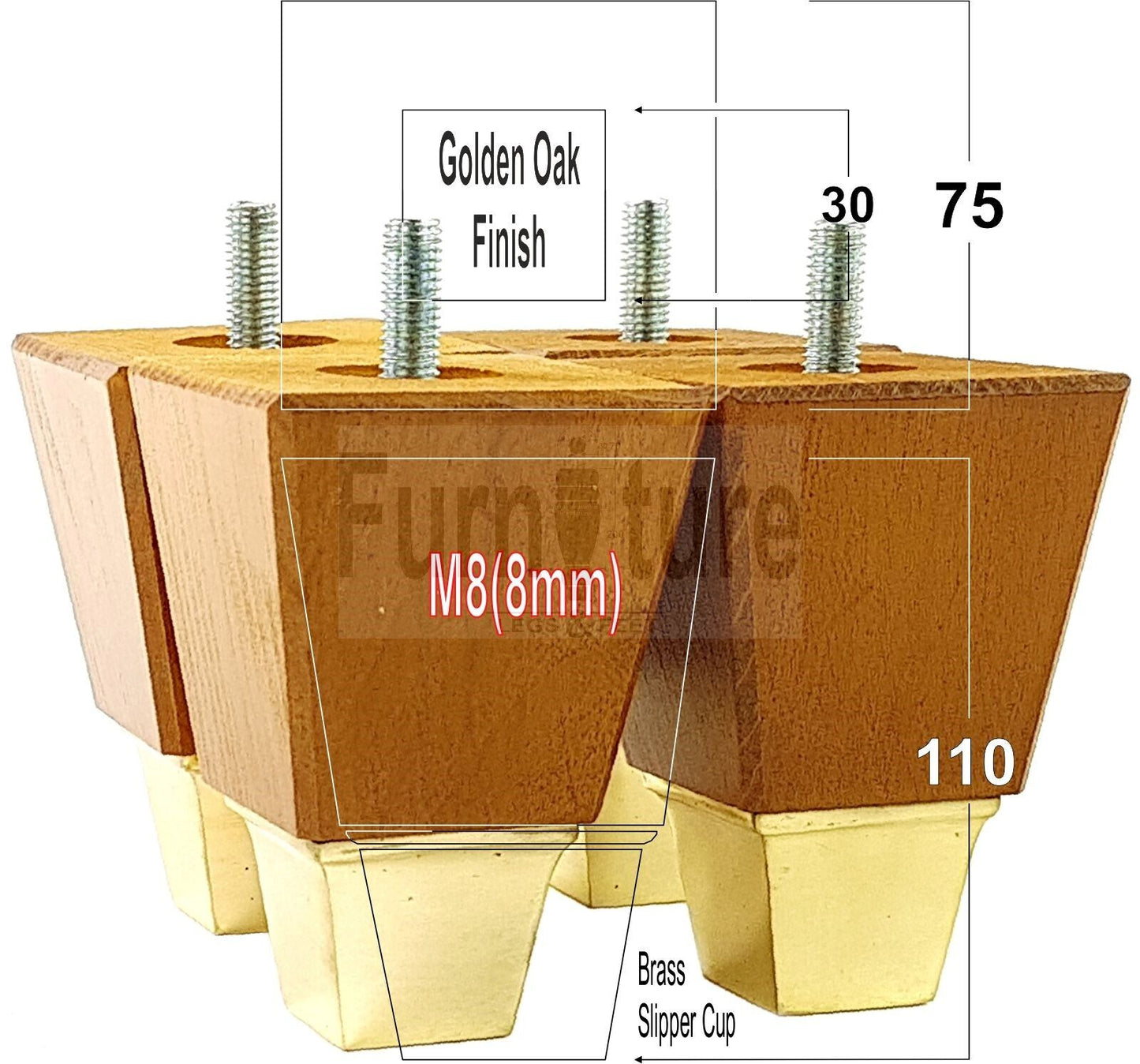 4x Block Wood With A Brass Slipper Cup Furniture Chair Settee Legs M8 Sofa Feet 110mm