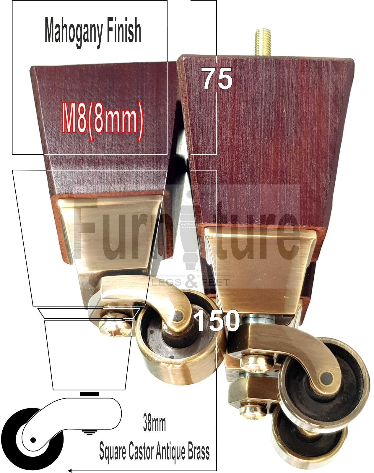 4x Block Wood With Castor Furniture Legs 8mm Thread For Chairs Settees Sofa 150mm