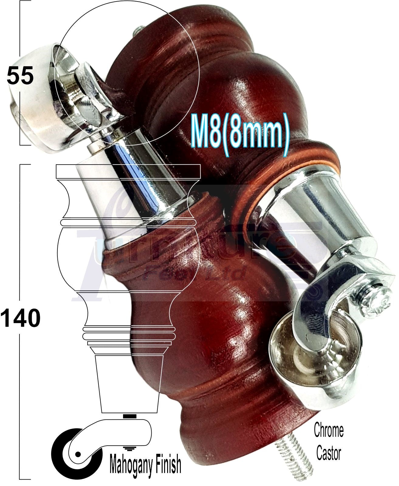 4x Turned Wood Furniture Legs With Chrome Castor 150mm High M8 For Settees Chairs & Cabinets