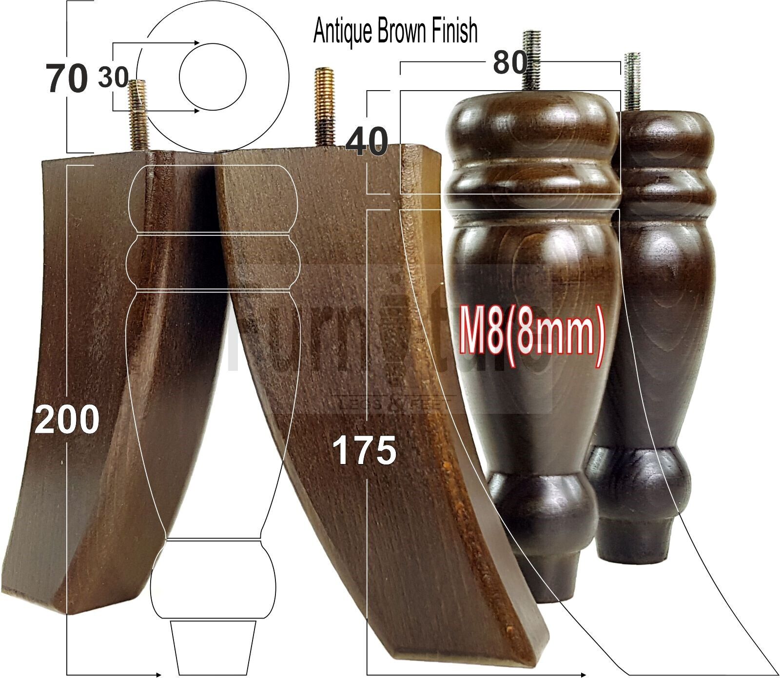 2 Turned Furniture Feet Replacement Sofa Legs 200mm & 2 Curved Back Legs 185mm for Chairs Sofa Settee Cabinets M8
