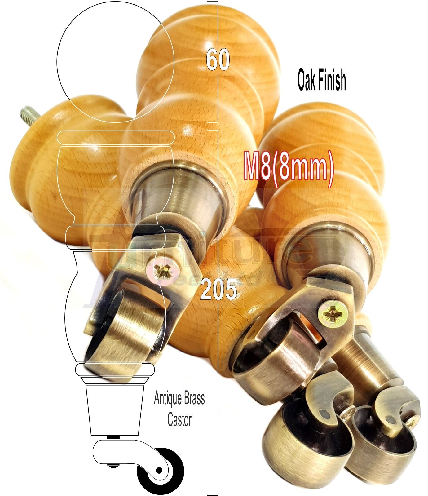 Solid Wood Furniture Feet With Castors Set of 4 Legs 205mm High For Sofas Chairs Stools Cabinets & Beds M8