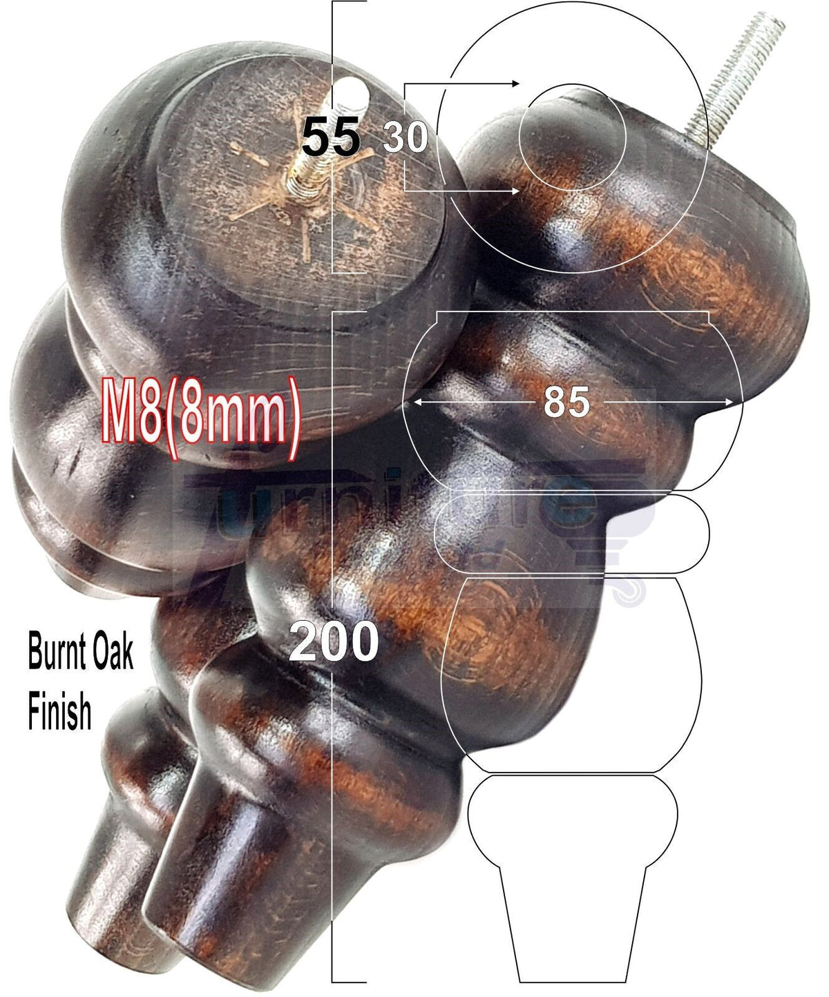 4 Solid Wood Furniture Legs Replacement Turned Chair Feet 200mm High M8 Threaded Dowl