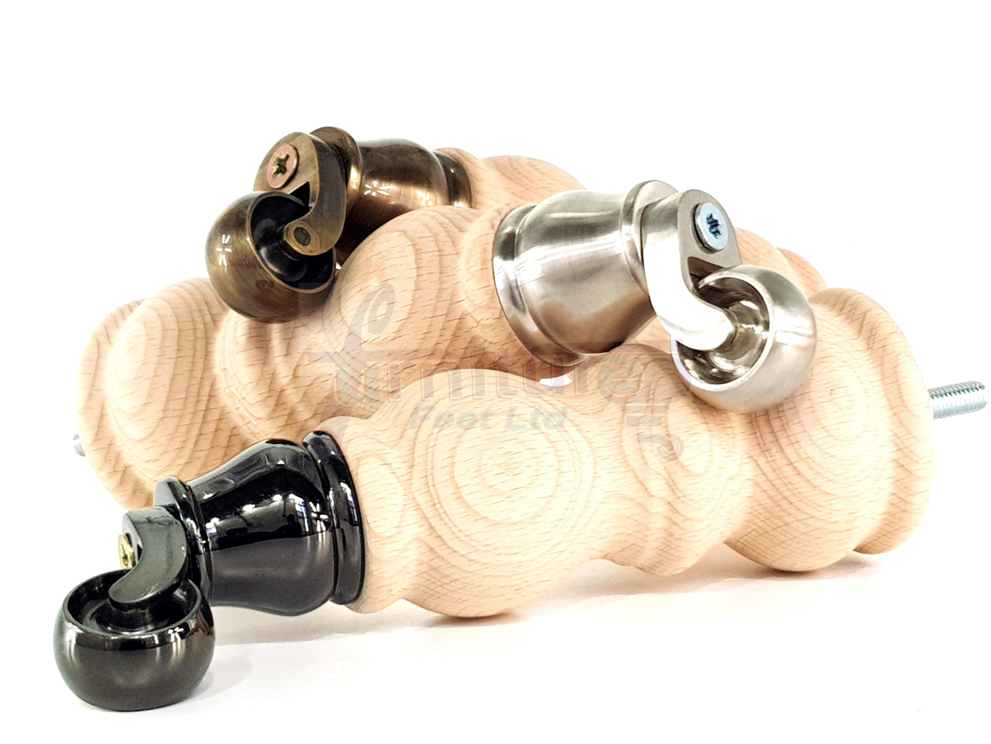 4 Turned Wood Furniture Feet With Castor 205mm High Legs Raw Wood M8 Sofas Chairs Stools Cabinets 8 Inches Tall 