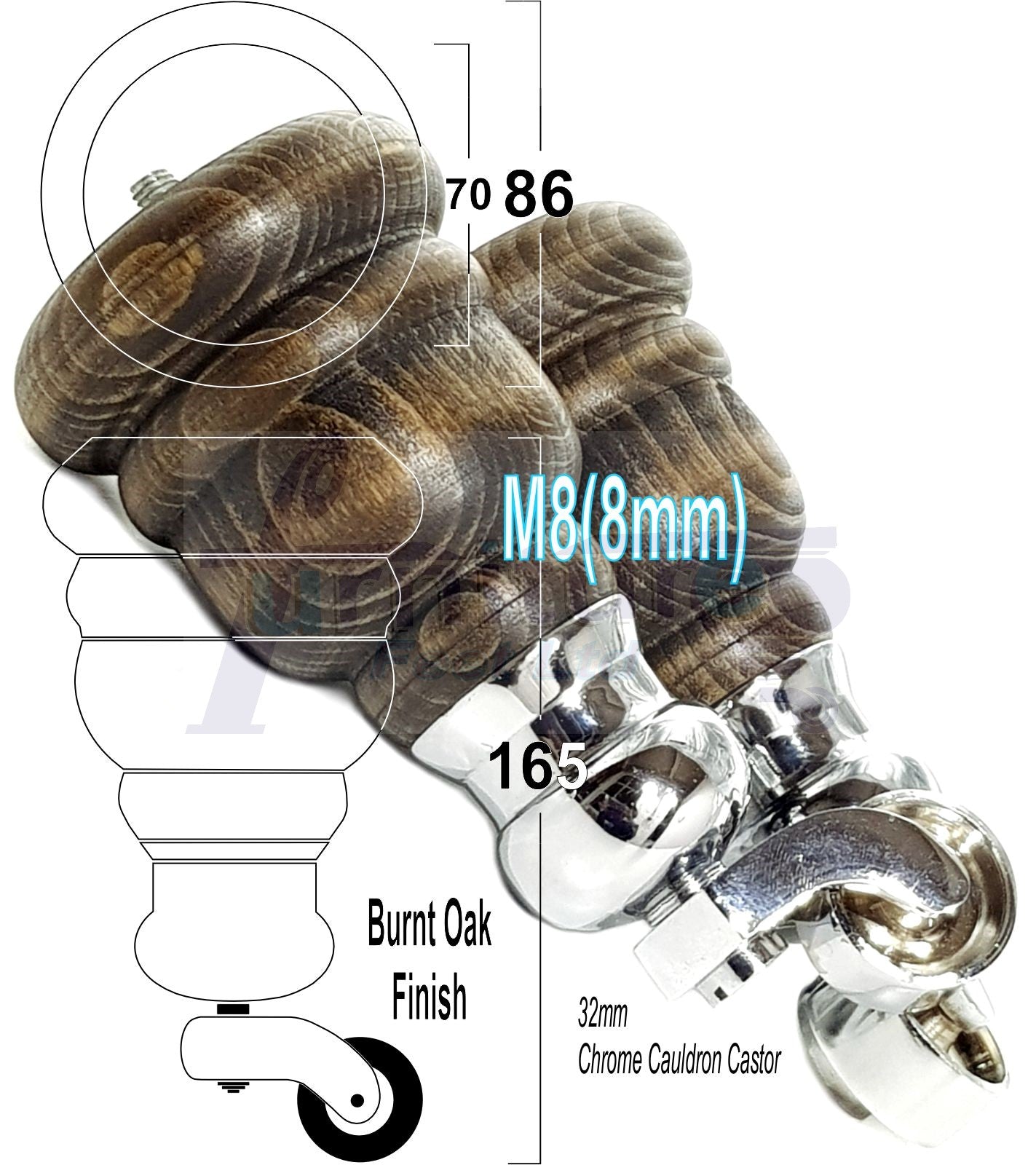 4 Turned Wood Furniture Feet With Chrome Cauldron Castors 155mm Legs Sofas Chairs Stools Cabinets Beds M8 6 Inches