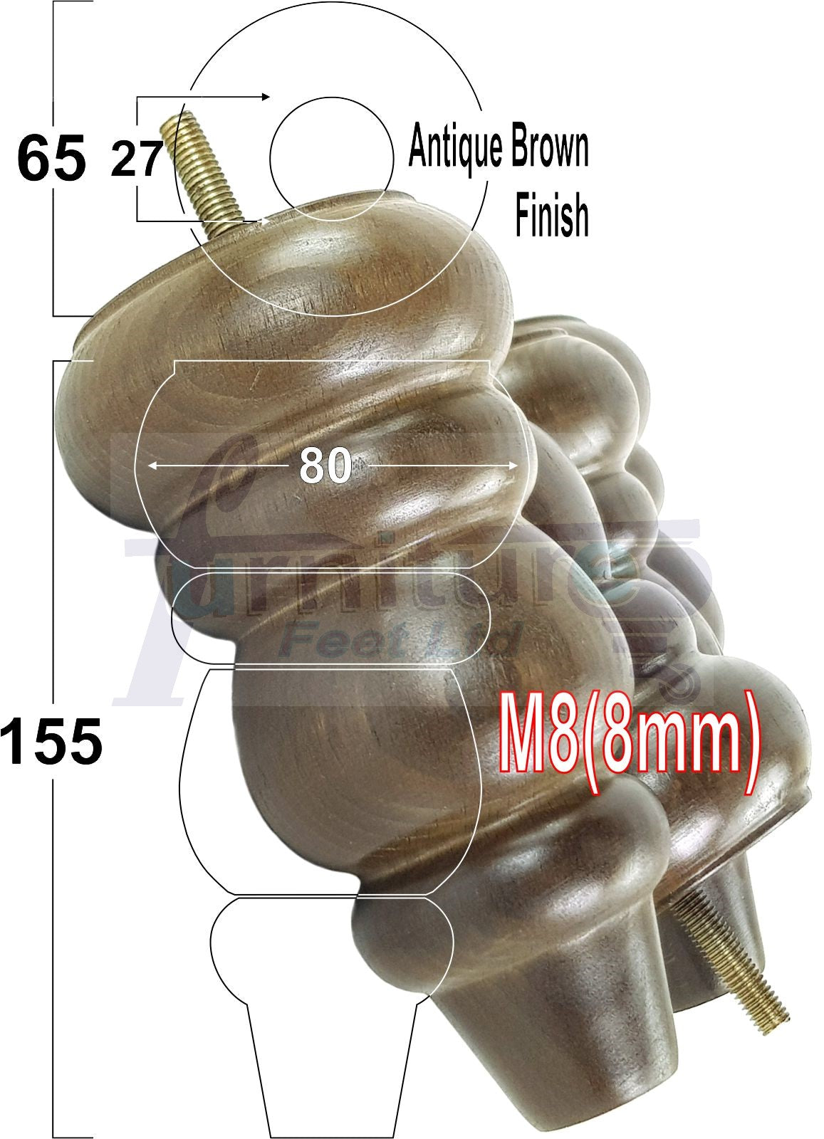 4x Solid Turned Wood Furniture Legs Chair Settee Feet 155mm 8mm Thread Antique Brown