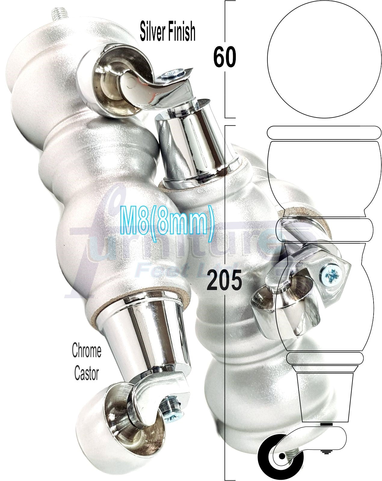 4x Furniture Feet With Castor 205mm High Legs Silver Wood M8 Sofas Chairs Stools Cabinets 8 Inches Tall